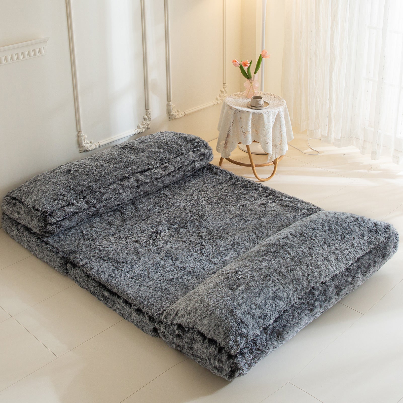 MAXYOYO Faux Fur Bean Bag Chair - Foldable Floor Sofa Bed with Foam Filling, Wall Couch Sleeper for Living Room, Bedroom & Dorm - Black (Perfect for Lounging, Gaming & Small Space Living)