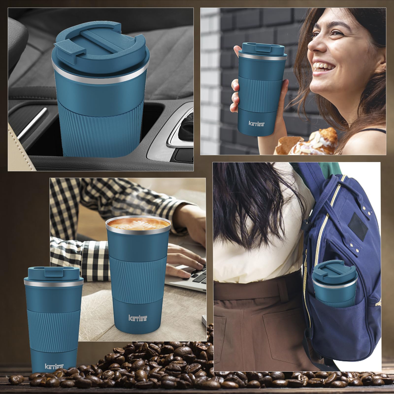 KETIEE 12oz Insulated Stainless Steel Travel Coffee Mug - Leakproof Lid, Vacuum Sealed for Hot & Cold Drinks, Reusable Coffee Tumbler for Commuting, Camping & Office (Blue) - Perfect for Coffee, Tea & Smoothies On-The-Go