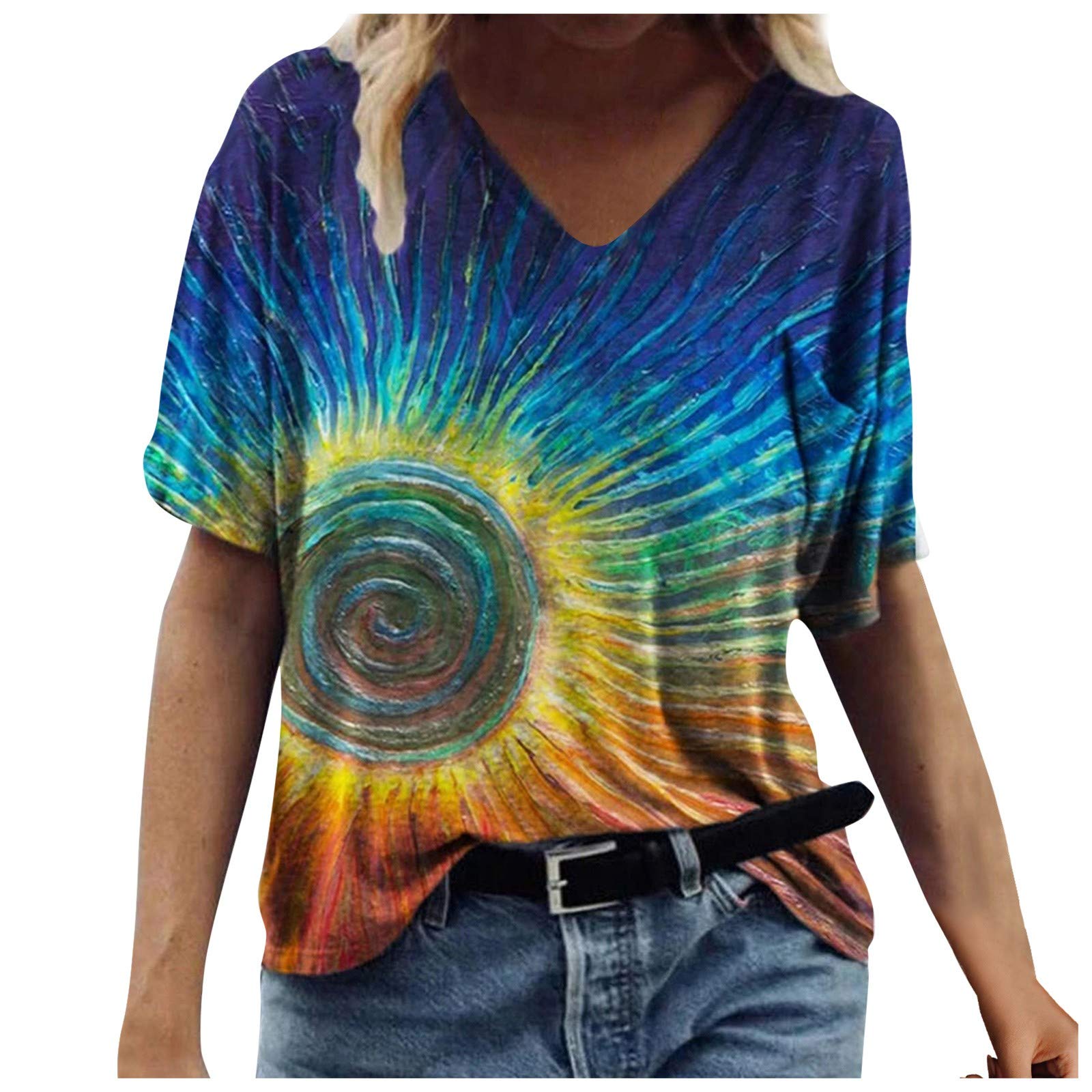 HRAPDA Women's Summer Tunic Tops - Trendy 2022 Printed Short Sleeve Crew Neck Loose Fit Tee Shirt - Casual Blouse for Beach, Office & Everyday Wear