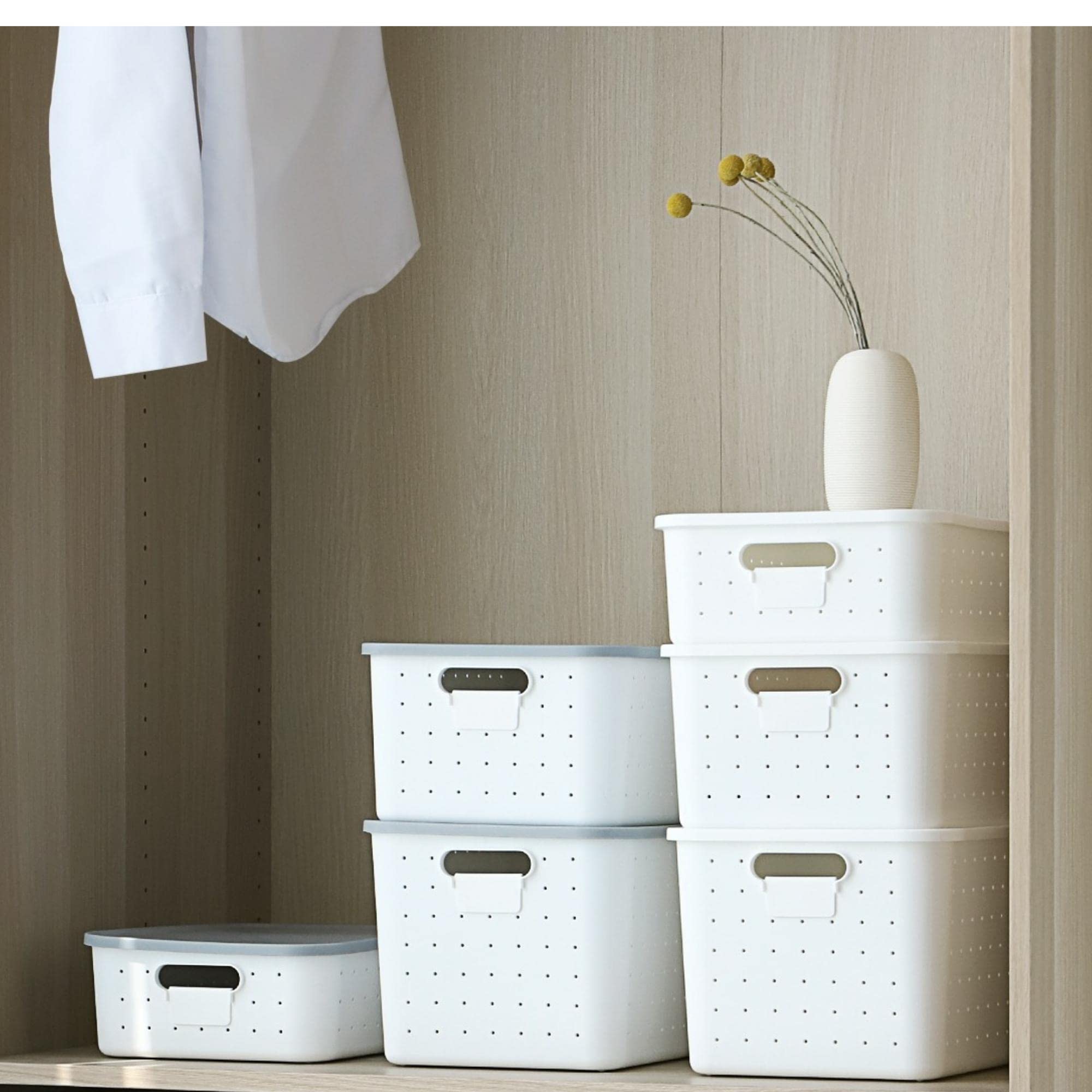 Durable Plastic Storage Baskets with Lid - Stackable Organizer for Closet & Office (14x10x8in, White)