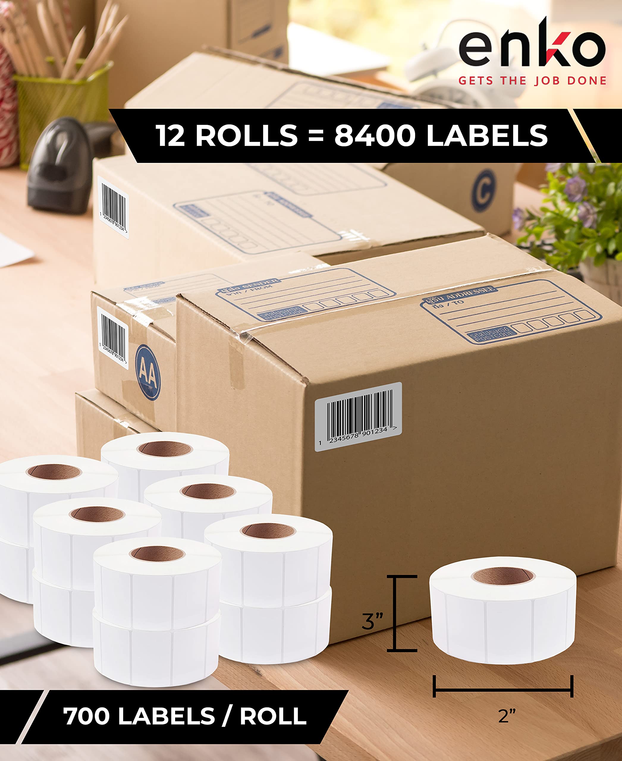 enKo 12 Rolls (8400 Labels) 3 x 2 Inch Direct Thermal Labels - FBA Stickers, FNSKU Labels Compatible with Zebra & Eltron Printers - Perfect for Amazon Sellers, Warehouse & Shipping Labeling