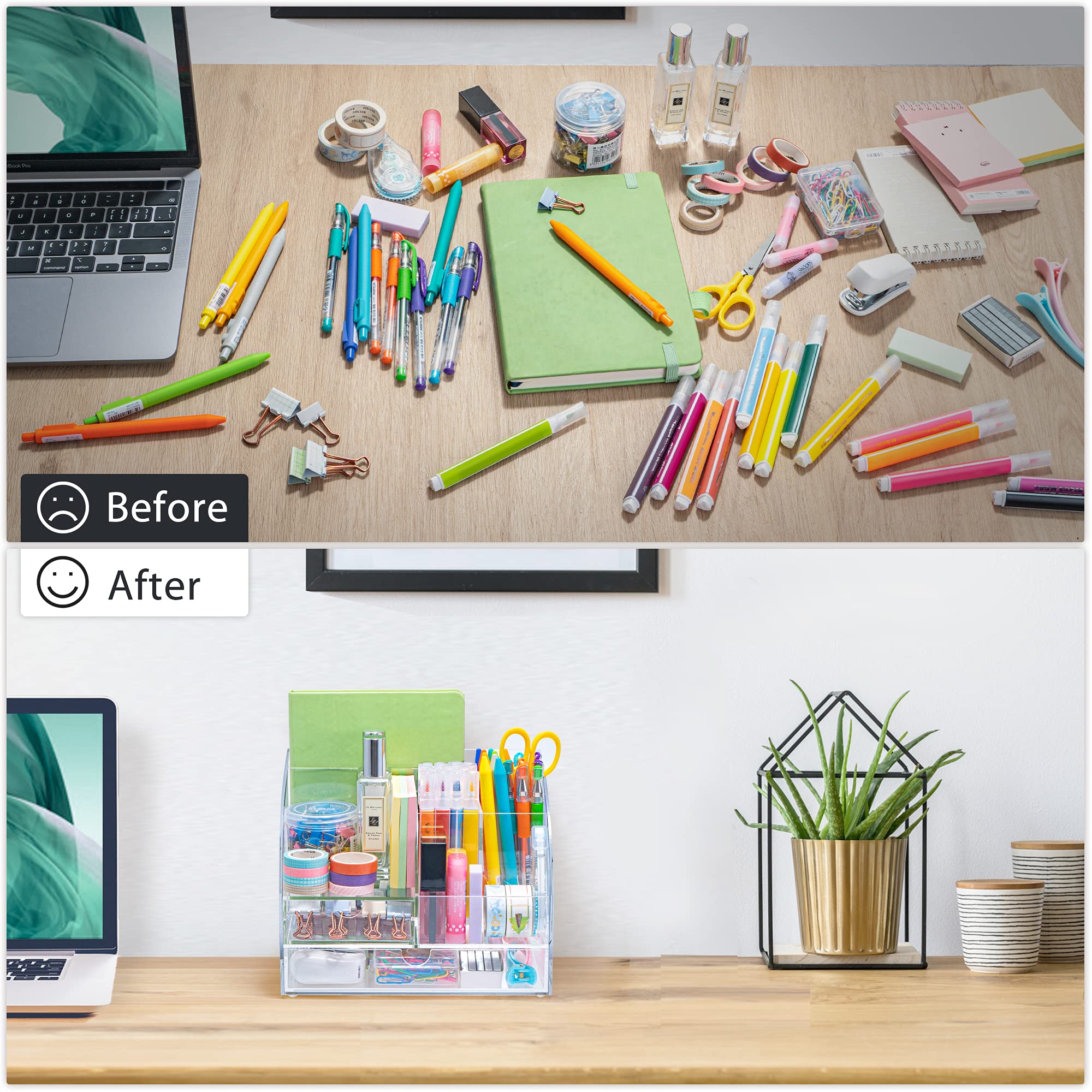 ARCOBIS Clear Acrylic Desk Organizer with 5 Compartments & 2 Sliding Drawers - Office Desktop Storage for Pens, Stationery, Paper Clips - Perfect for Home Office, School, and Workspace Organization