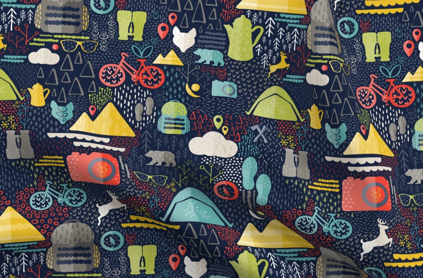 Scandinavian Outdoor Adventure Hiking Camping Printed Denim Fabric by The Yard - Durable Bottomweight Fabric for Apparel, Home Decor & Upholstery - Perfect for DIY Projects, Curtains, and Outdoor Gear