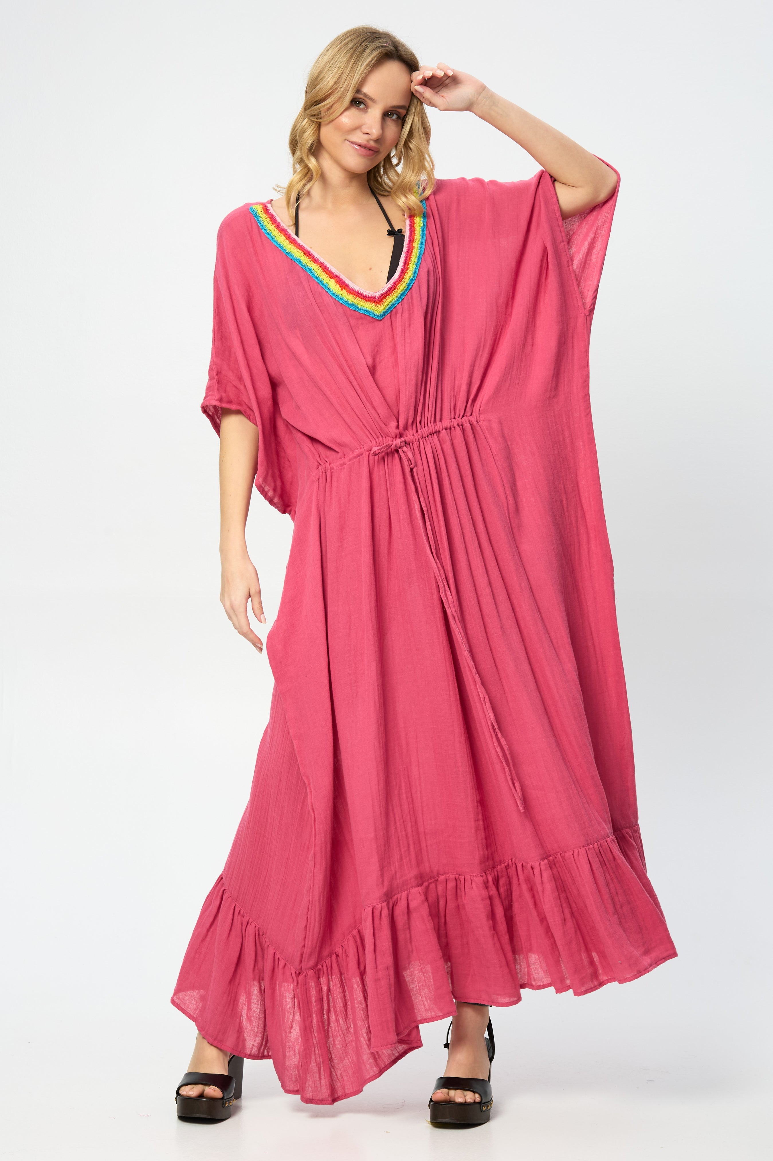 Crochet Rainbow Kaftan Maxi Dress - Boho Chic Beach Cover Up for Women - Perfect for Summer Vacations, Pool Parties & Music Festivals