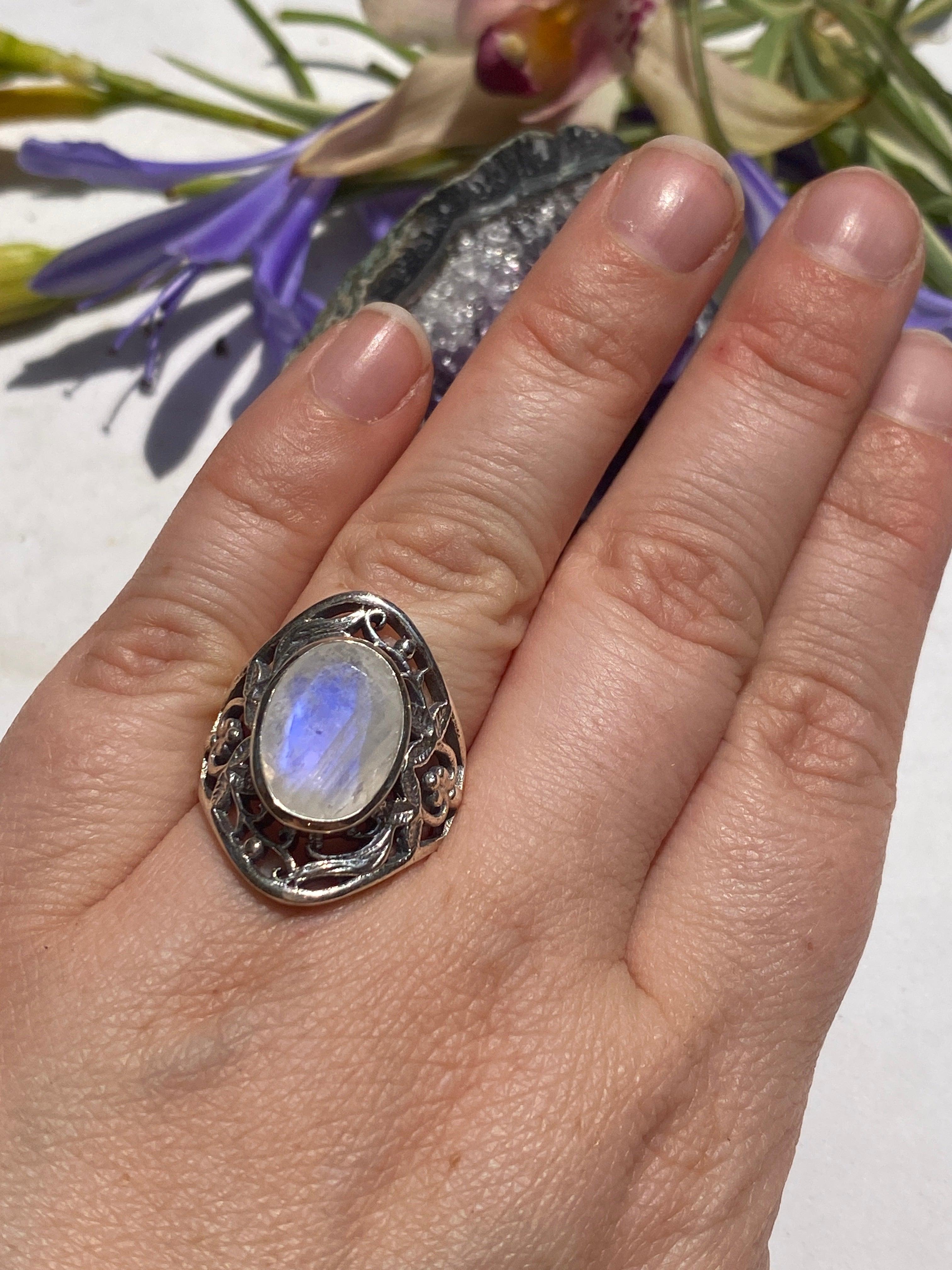 Moonstone Oval Faceted Filigree Band Ring - Size 7.5 - KRGJ536 - Elegant Handmade Jewelry for Women, Perfect for Weddings, Anniversaries & Special Occasions