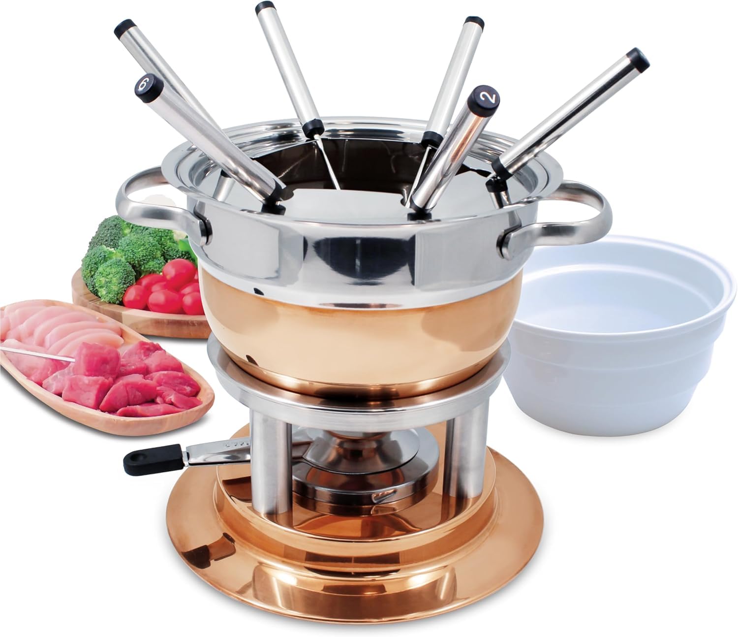 Swissmar Lausanne 11-Piece Copper Plated Fondue Set for Cheese, Chocolate, Oil & Broth Cooking - 1.8L/1.9Qt Premium Kitchen Gift Set - Perfect for Dinner Parties, Romantic Dates & Wedding Gifts