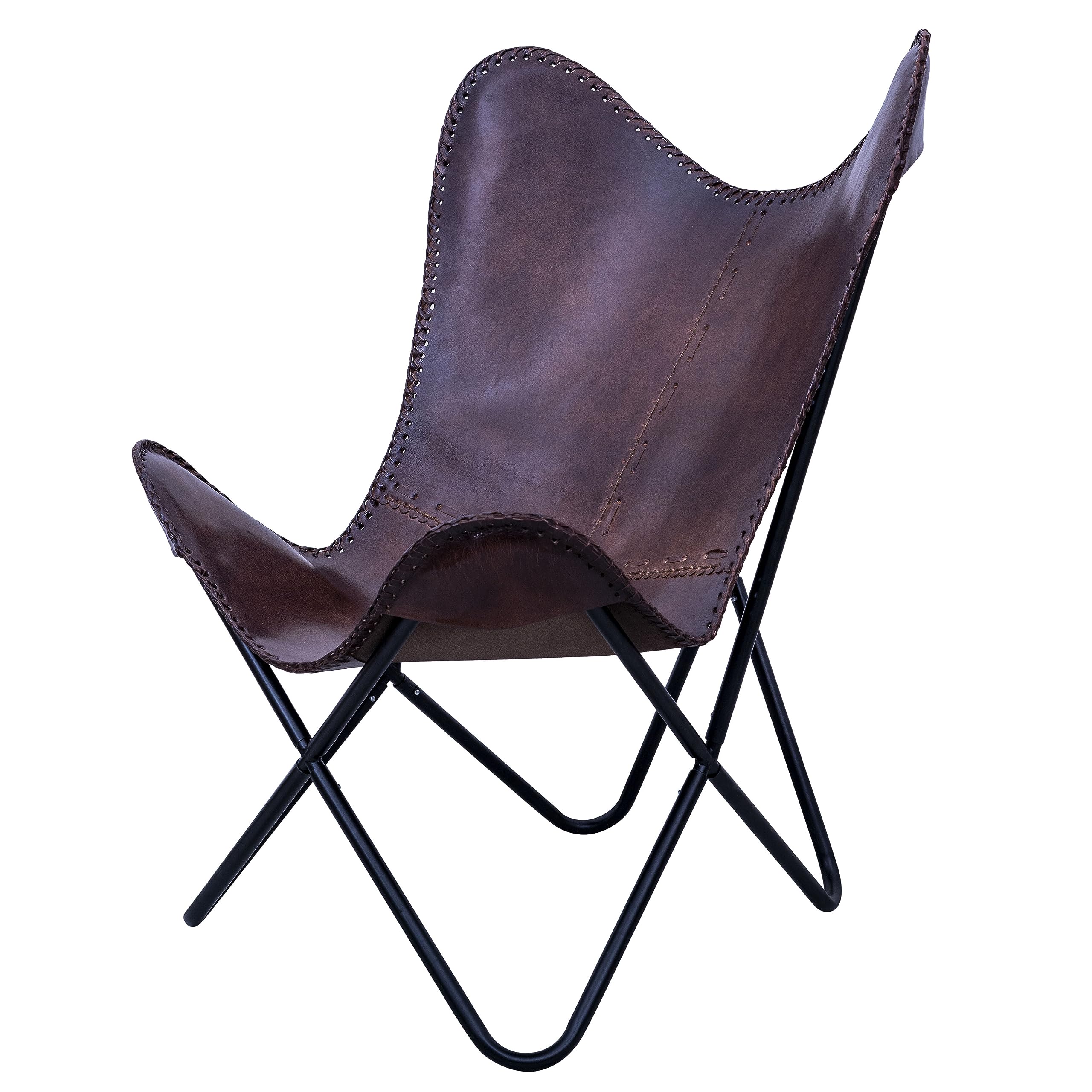 Genuine Leather Butterfly Chair - Handmade Accent Armchair with Iron Frame, Comfortable Lounge & Recliner, Hand-Stitched Industrial Design - Perfect for Living Room, Patio, or Office Relaxation