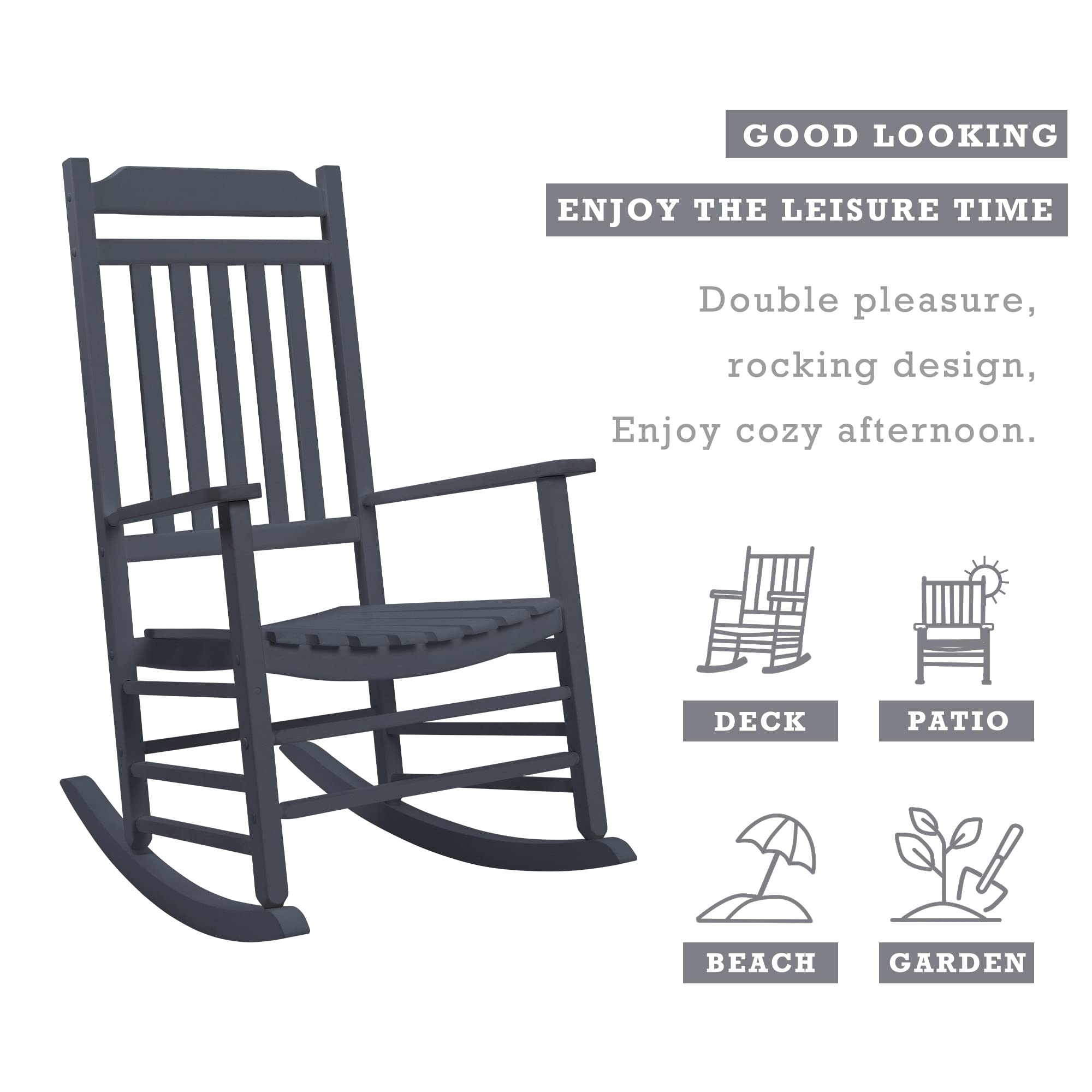 Kozyard Solid Wood High Back Slat Rocking Chair - Comfortable Outdoor Rocking Chair for Front Porch, Patio, Garden, or Indoor Use - Durable Gray Wooden Rocker for Relaxing & Reading (Gray)