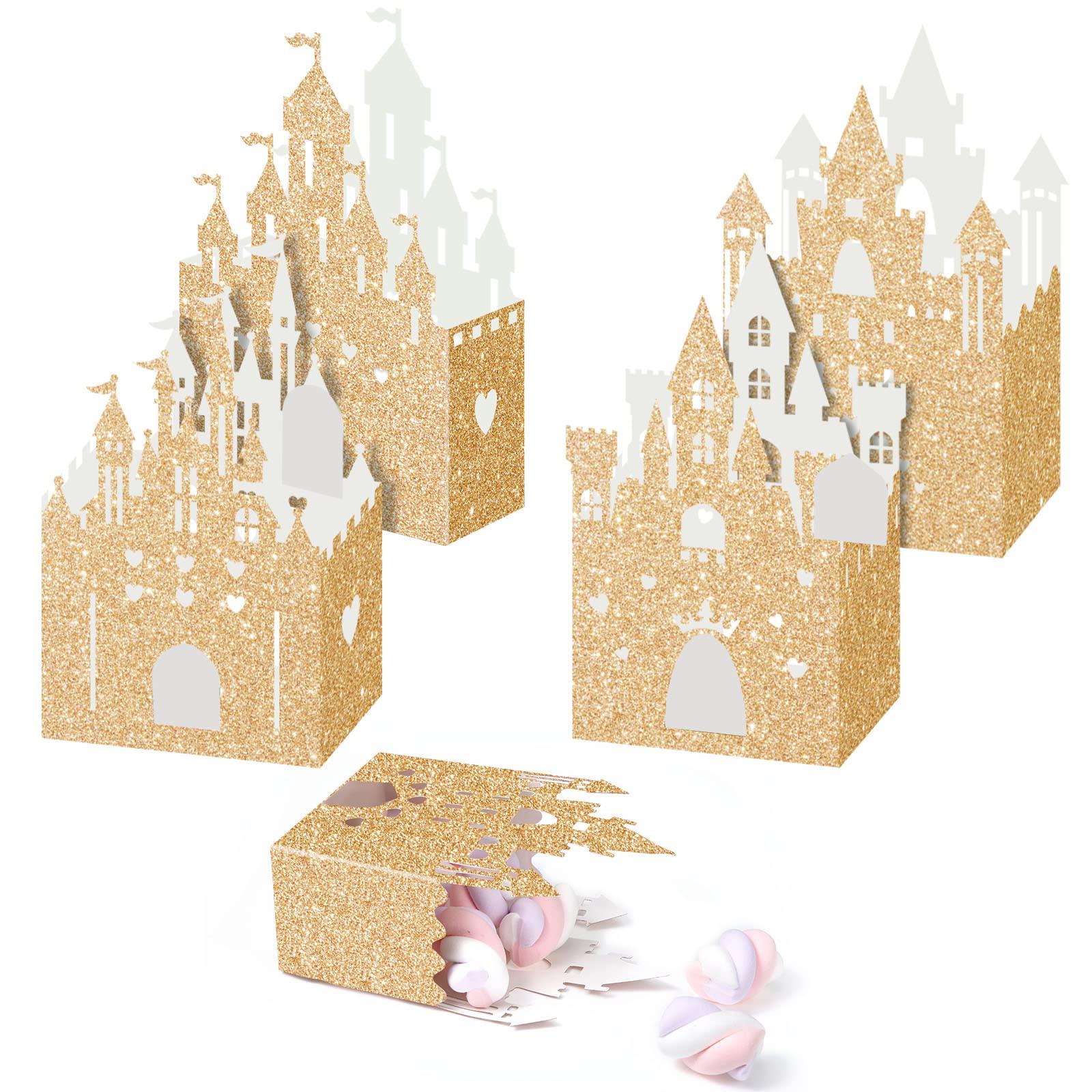 24-Piece Glitter Princess Castle Candy Favor Boxes - Gold Wedding & Birthday Party Decorations - Perfect for Princess Themed Parties, Baby Showers, and Bridal Showers
