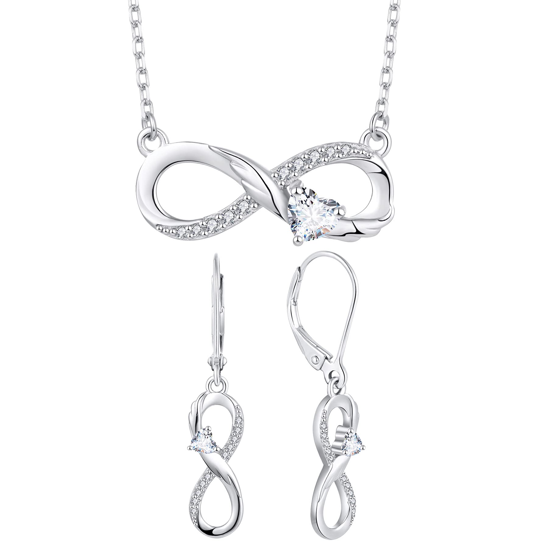 Starchenie 925 Sterling Silver Angel Wings Heart Necklace and Earrings Set for Women - Infinity Love Jewelry Gift for Anniversary, Valentine's Day & Special Occasions