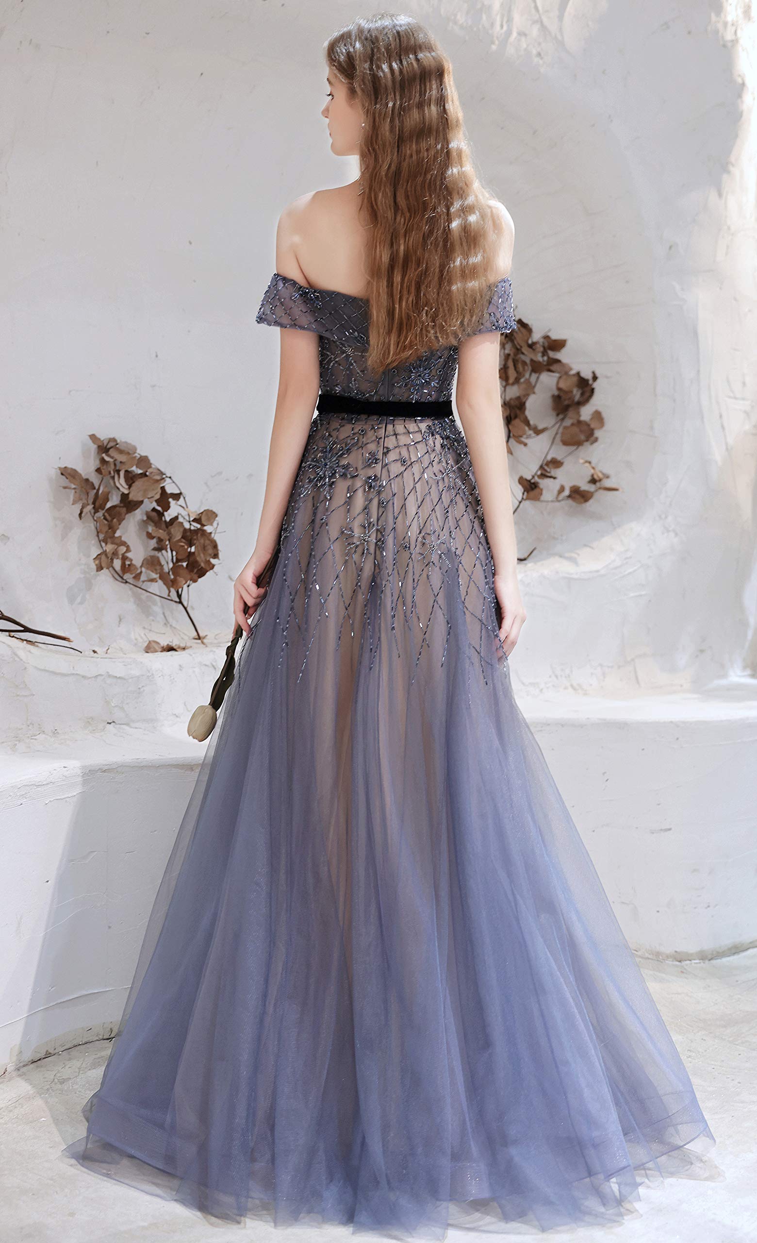 Elegant Off-Shoulder Beaded Tulle Evening Gown for Women - Long Formal Dress for Prom, Wedding & Special Occasions