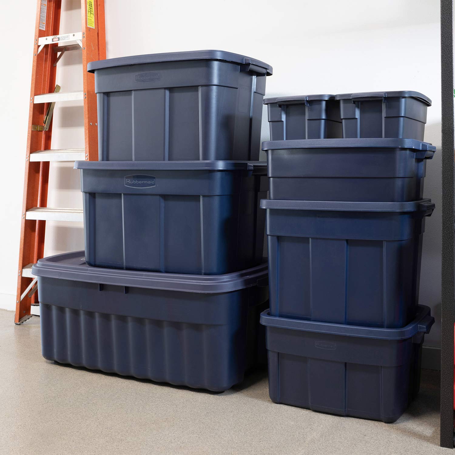 Rubbermaid Roughneck 3 Gallon Heavy Duty Plastic Storage Bins with Lids - Stackable, Reusable Home Organization Containers - Dark Indigo Metallic (12 Pack) for Garage, Basement, Office & Closet Storage Solutions