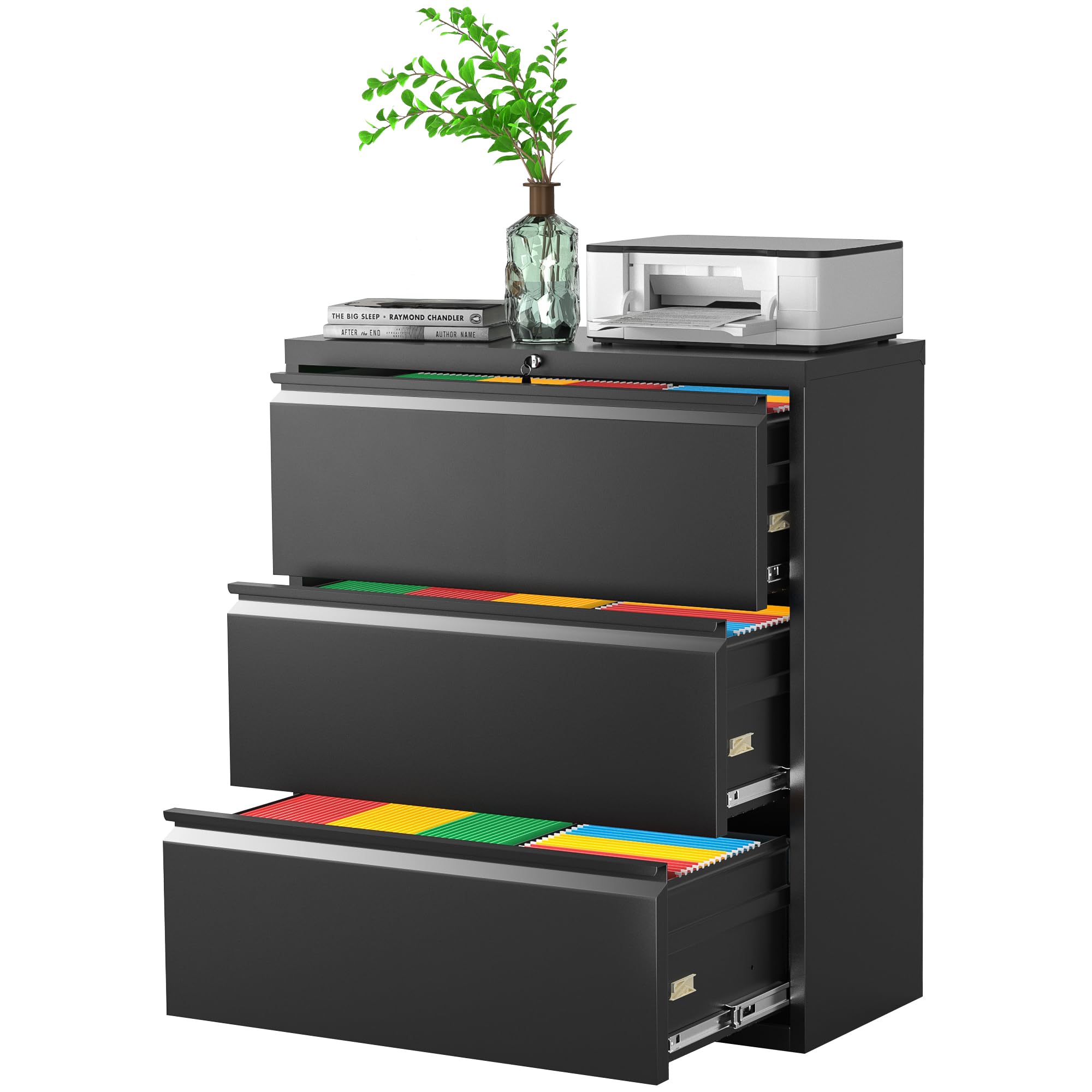 Pataku 3-Drawer Metal Lateral File Cabinet with Lock - Steel Office & Home Filing Cabinet for Letter, Legal, F4 & A4 Hanging Files - Wide Storage Organization Solution for Documents, Records & Office Supplies (Black)