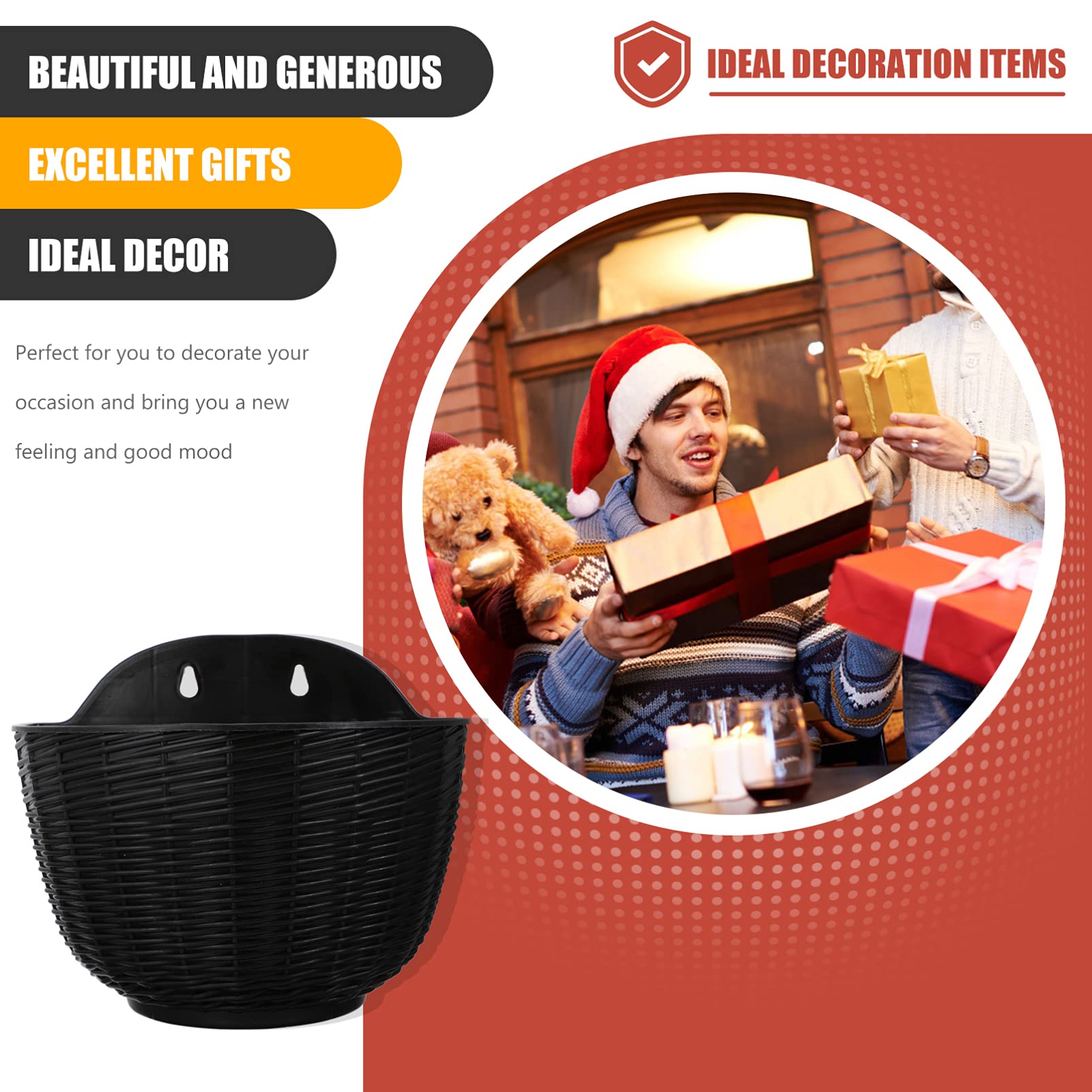 DOITOOL Black Plastic Rattan Wall Hanging Planter Basket - Half Moon Self Watering Flower Pot for Indoor/Outdoor Plants - Perfect for Porch, Balcony, Fence & Garden Decor