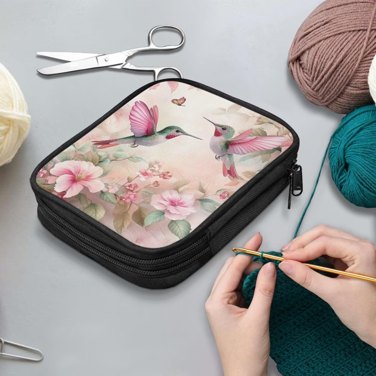 Portable Crochet Hook Organizer Bag - Hummingbird Floral Knitting Needle Case for DIY Crocheting, Sweater Making & Hand-Knitted Projects | Perfect for Craft Storage, Travel & On-The-Go Knitters