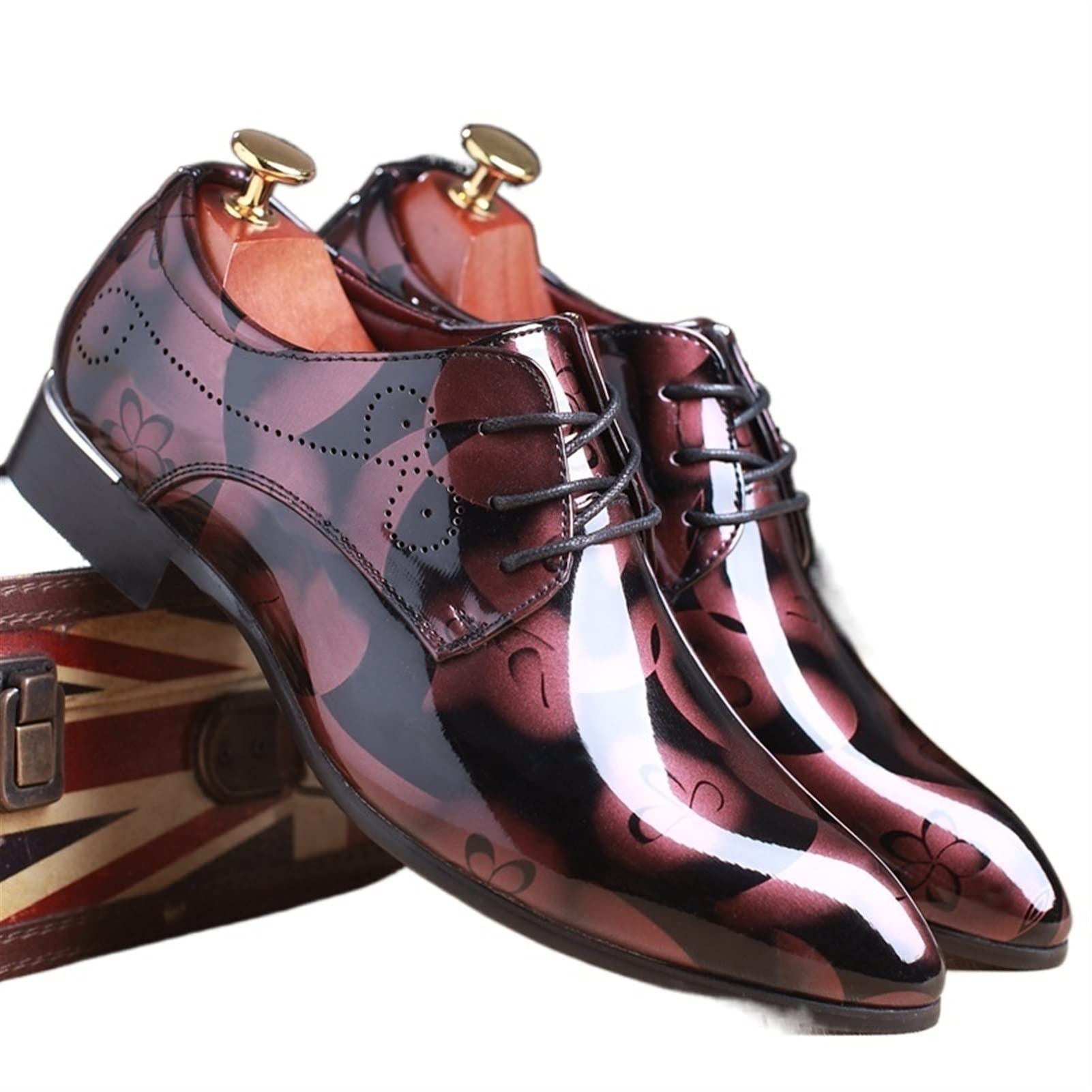 Men's Fashion Casual Oxford Shoes - Red Print Business Formal PU Dress Shoes for Wedding & Party | Classic Shiny Leather Shoes for Office, Prom & Special Occasions