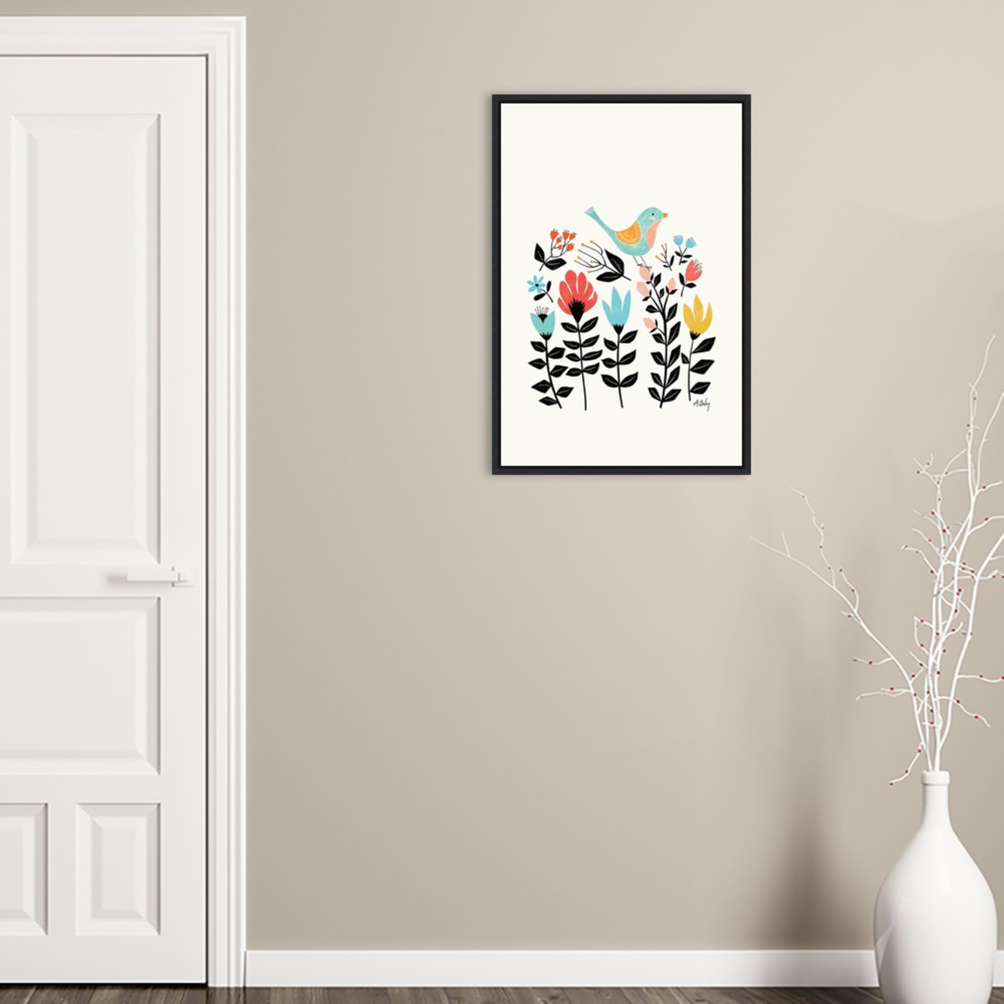 Amanti Art Framed Canvas Wall Art - 33x23 Folk Art Garden (Bird) by Annie Bailey, Modern Animal Painting for Home Decor | Perfect for Living Room, Bedroom & Bathroom | Large Framed Poster Artwork for Wall Decor