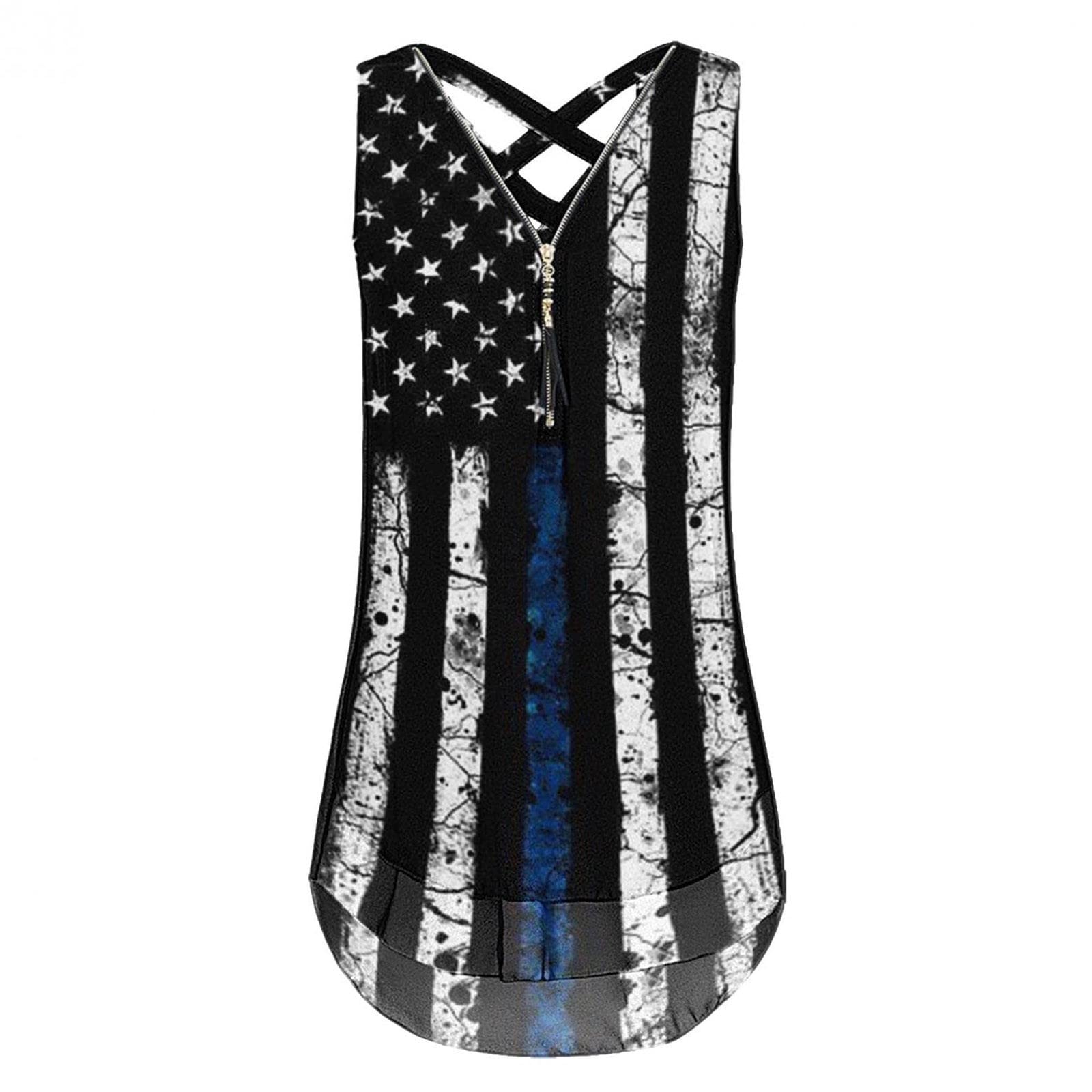 Women's 4th of July Tank Tops - Trendy Cross Back Sleeveless V-Neck Zipper Blouse for Summer | Casual T-Shirts for Beach, Party & Patriotic Celebrations
