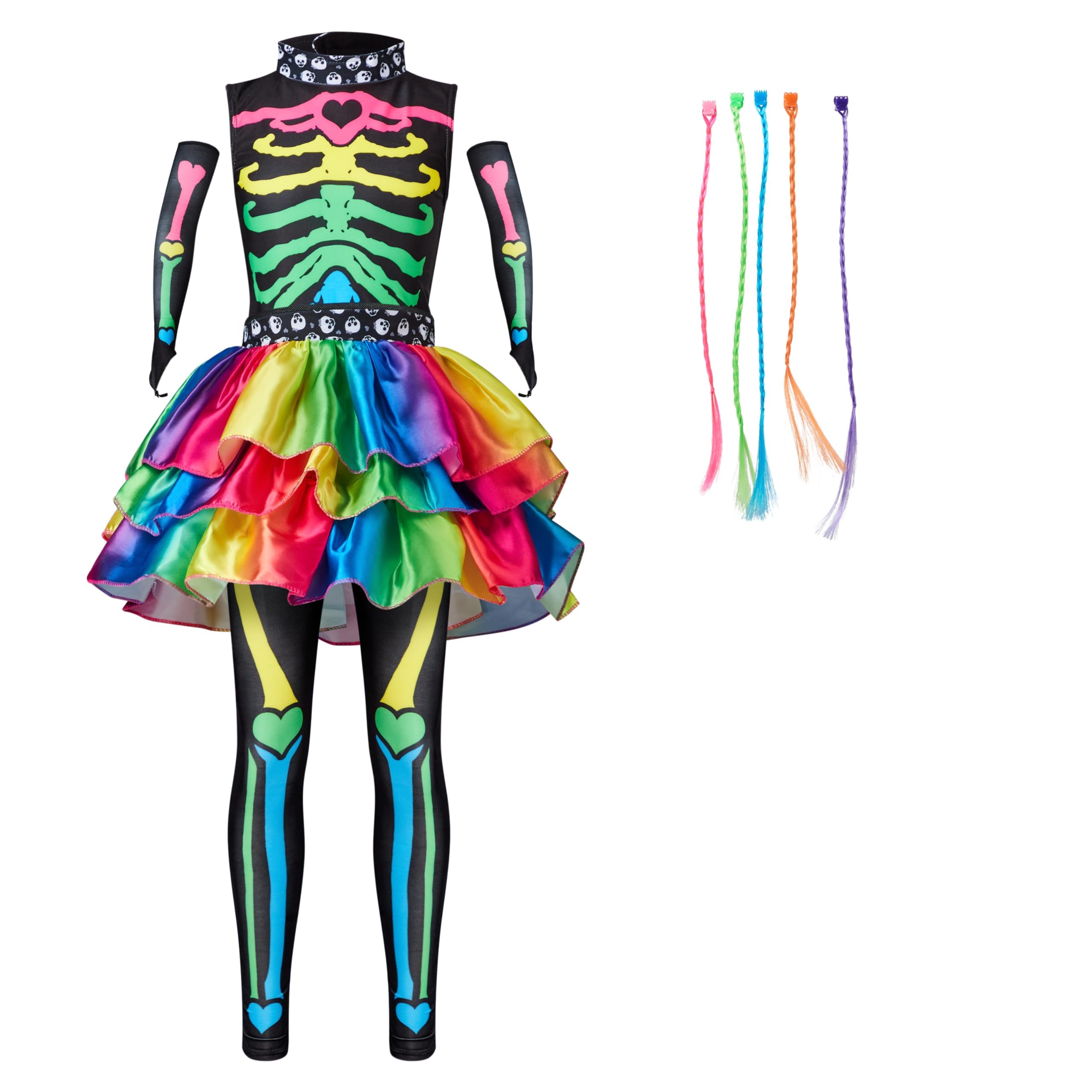 Funky Punky Bones Deluxe Halloween Costume Set for Girls - Colorful Skeleton Outfit with Hair Extensions | Spooky Party, Trick or Treat & Cosplay Costume