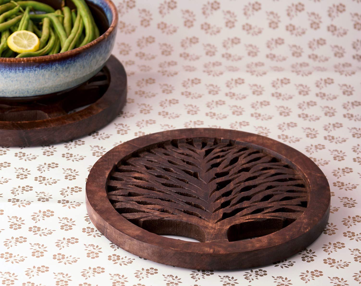 2 Pack Wooden Trivets for Hot Pots and Pans - 8 Inch Heat Resistant Non-Slip Kitchen Countertop Protectors with Tree of Life Design - Perfect for Dining Tables, Coffee Mugs, and Serving Dishes