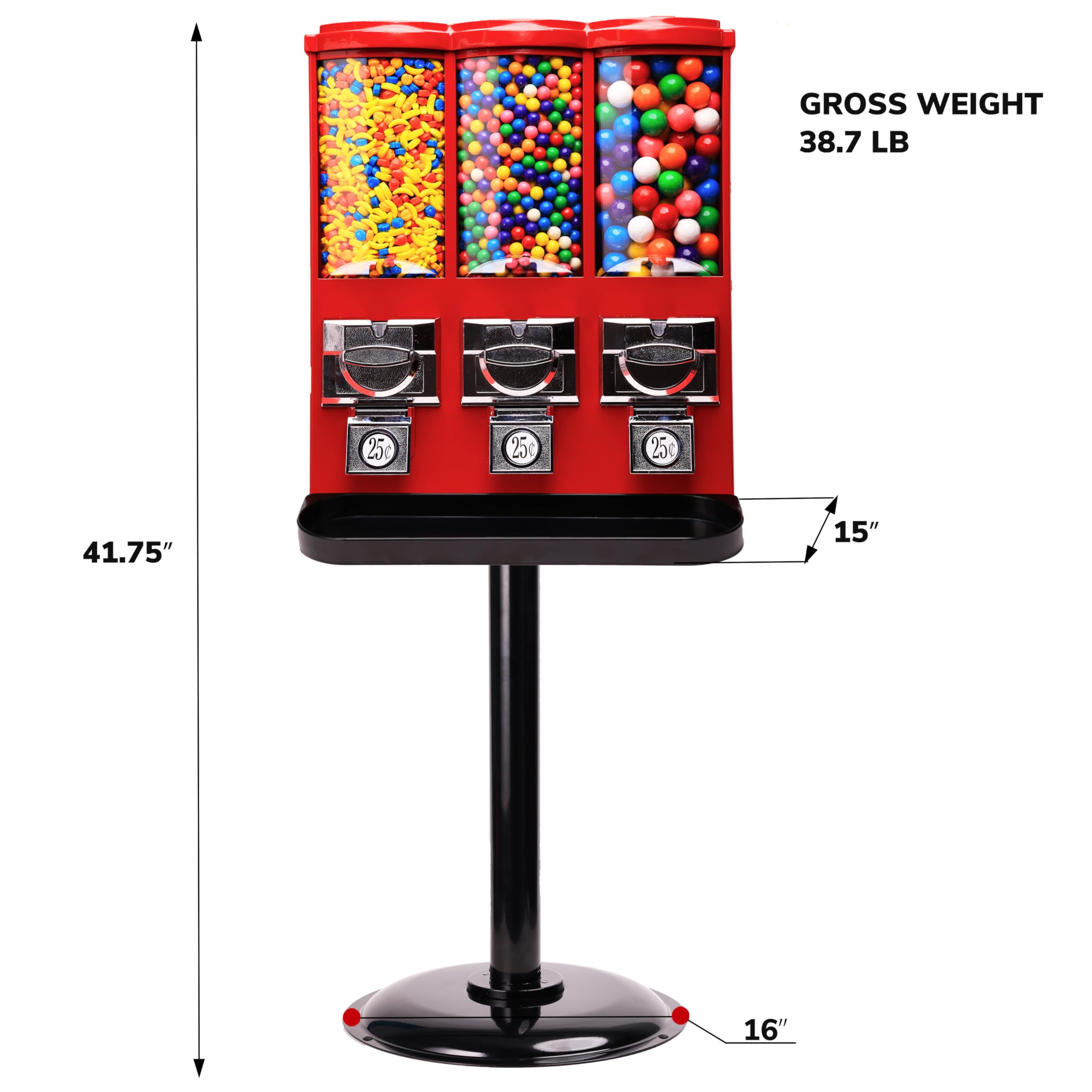 Commercial Triple Head Gumball & Candy Vending Machine with Stand - Coin Operated Candy Dispenser with Removable Canisters (Red) - Perfect for Retail Stores, Arcades, and Restaurants