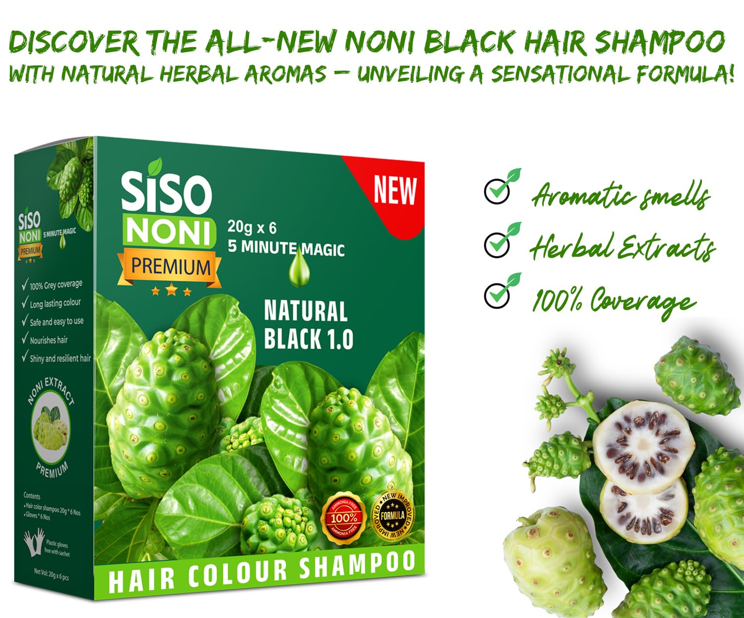 Premium Noni Black Hair Color Shampoo 20G (6 Pack) | Ammonia-Free Natural Permanent Hair Dye for Men & Women | Noni Fruit Enriched, 5-Minute Hair Color | Quick Gray Coverage for Home & Salon Use