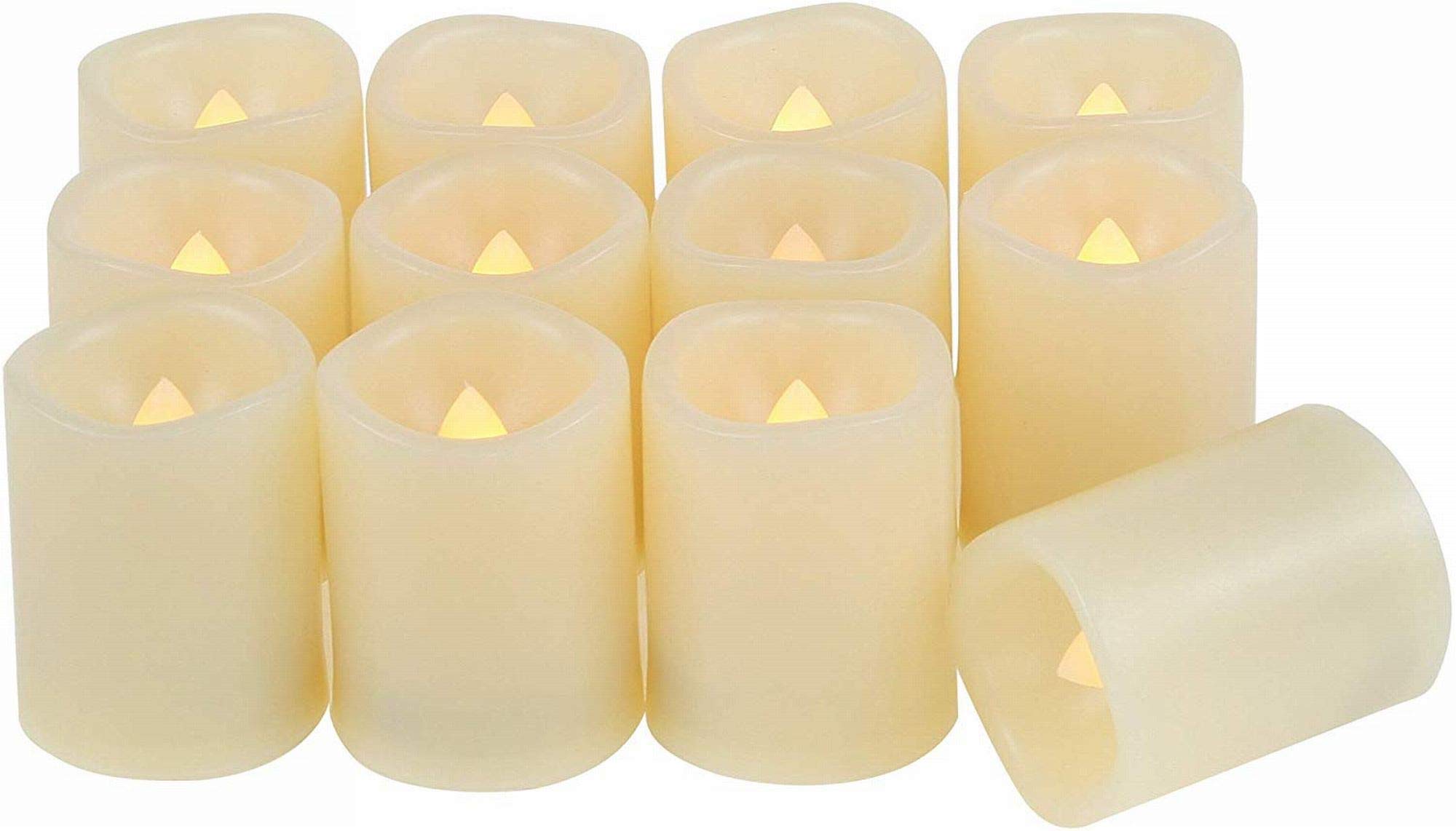 EcoGecko Set of 12 Flameless LED Candles - Indoor/Outdoor Battery Operated Votive Candles with 5-Hour Timer & Realistic Flickering Warm Glow (Batteries Included) - Perfect for Weddings, Parties, Home Decor and Outdoor Lighting