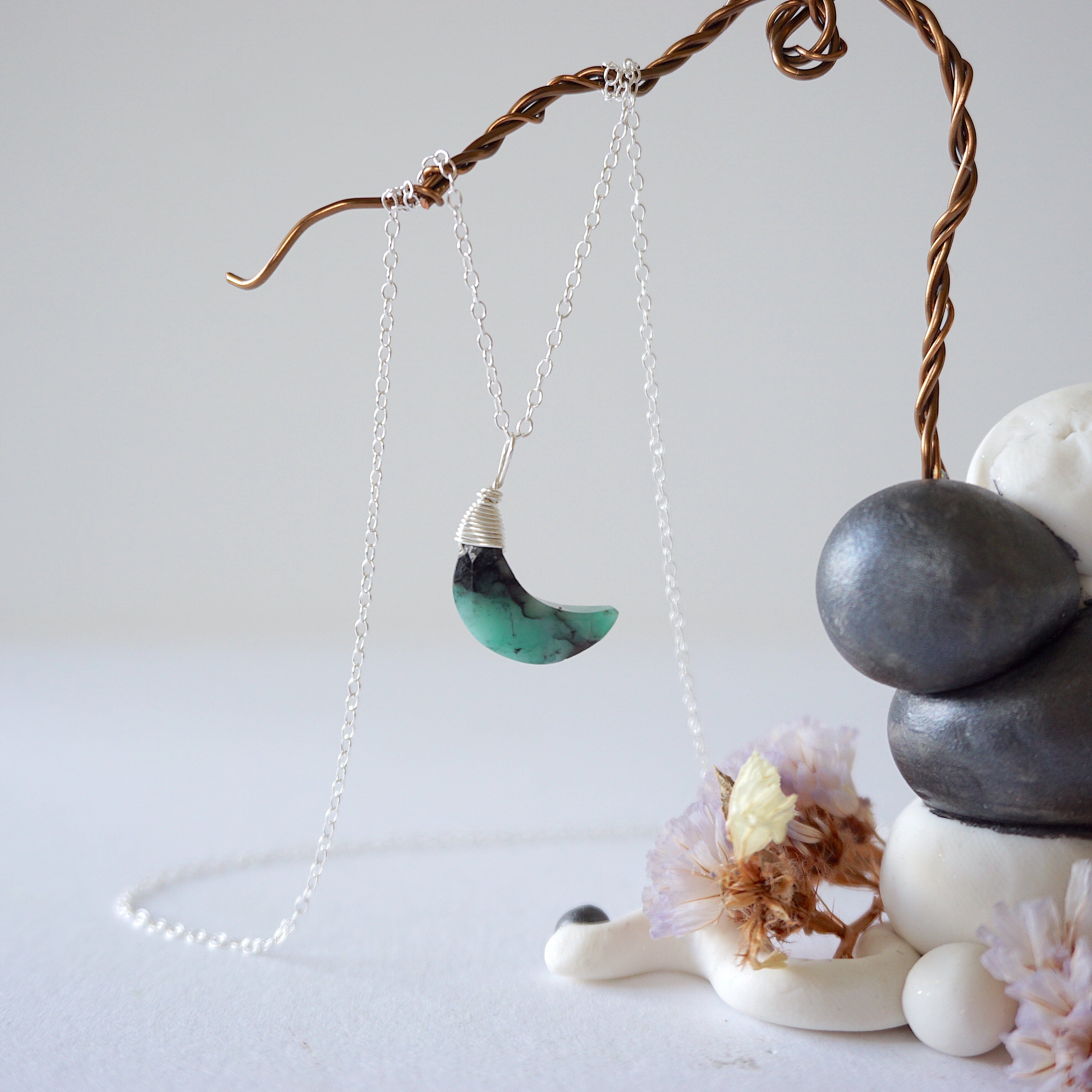 Emerald Sterling Silver Moon Charm Necklace - Dainty Jewelry for Women, Elegant Pendant Necklace for Everyday Wear, Gift for Her | Perfect for Date Nights, Office Wear & Special Occasions