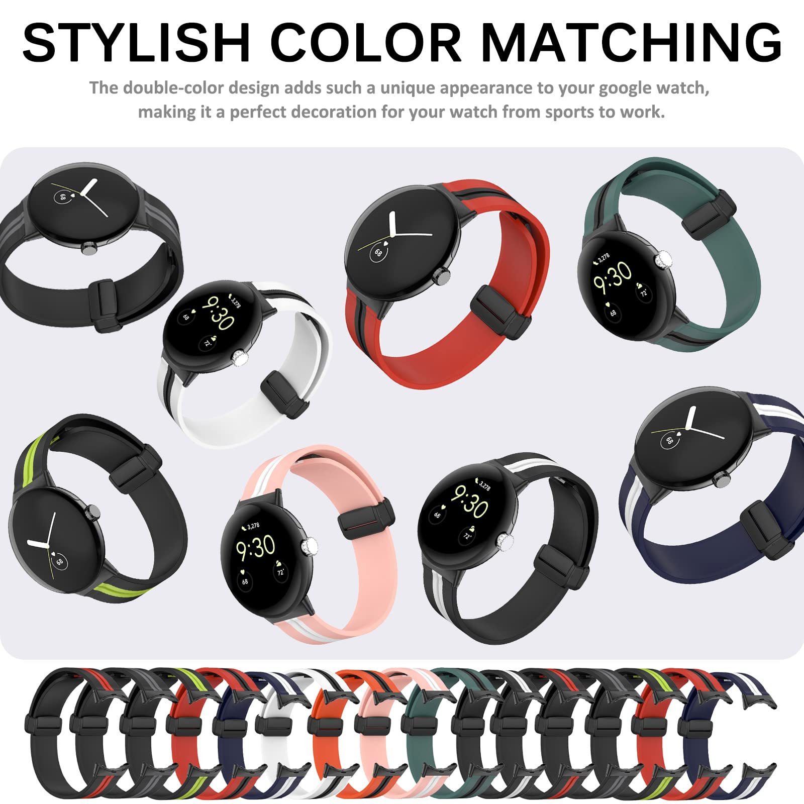 Miimall Silicone Bands for Google Pixel Watch & Pixel Watch 2 - Magnetic Buckle, Waterproof, Sport Strap for Workout & Daily Use