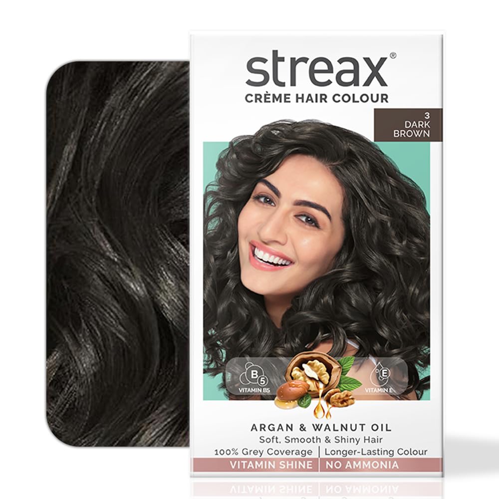 Streax Crème Permanent Hair Color - 3 Dark Brown, 100% Grey Coverage, Ammonia Free, Long Lasting Hair Dye for Women (60g Color Tube + 60ml Developer + 20g Conditioner) - Perfect for At-Home Hair Coloring & Salon-Quality Results