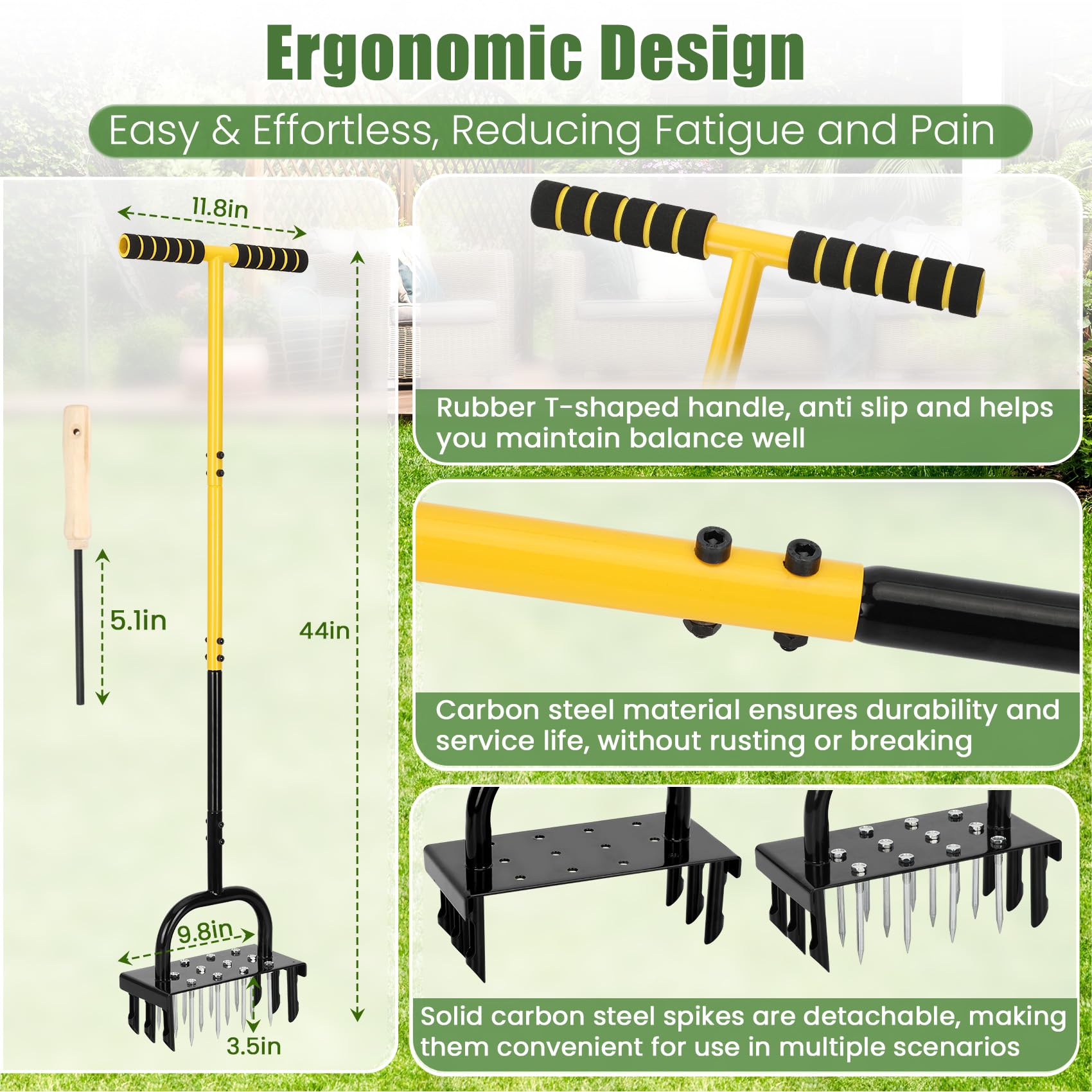 2-in-1 Lawn Aerator Tool - Heavy Duty Carbon Steel Manual Grass Aerator with 24 Spikes for Compacted Soil | Perfect for Lawn Care, Gardening & Soil Aeration | Ideal for Home Gardens, Backyards & Professional Landscaping