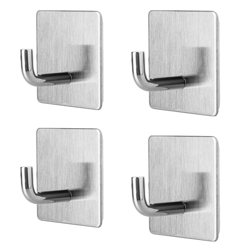 Stainless Steel Adhesive Hooks 4-Pack - Wall Mount for Bathroom & Kitchen Towels