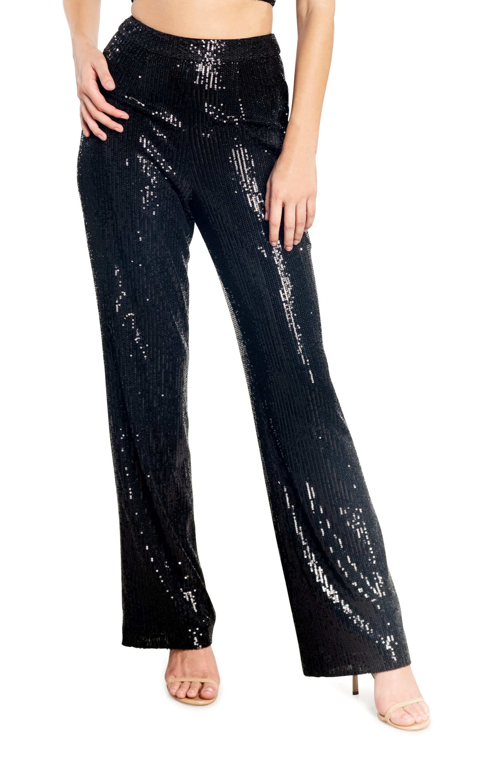 Dress the Population Women's Dina Sequin Classic Pants - Elegant High Waisted Wide Leg Trousers for Party, Evening & Special Occasions