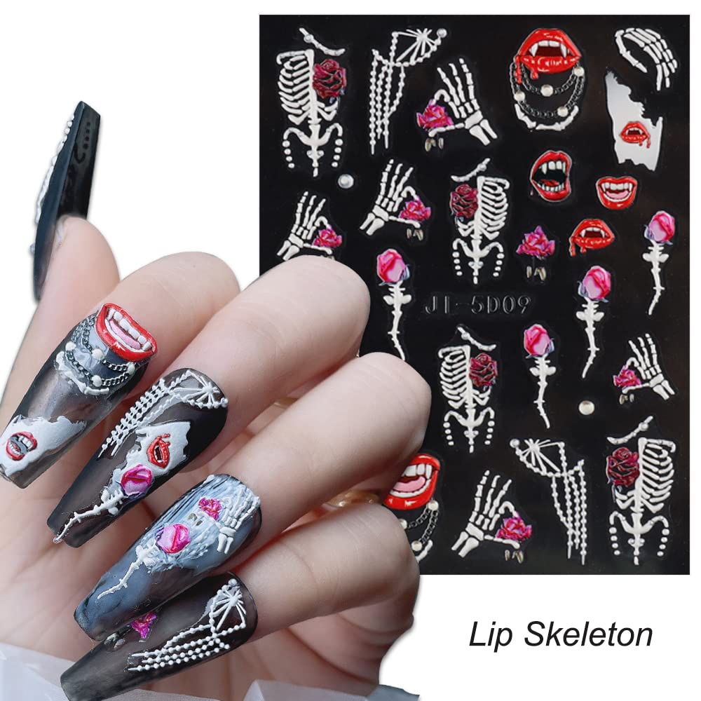 5D Halloween Nail Art Stickers - Sugar Skull Bone Blood Design, Self-Adhesive Nail Decals for Acrylic Nails (3 Sheets) - Perfect for Women & Girls DIY Nail Art, Costume Parties & Spooky Halloween Looks