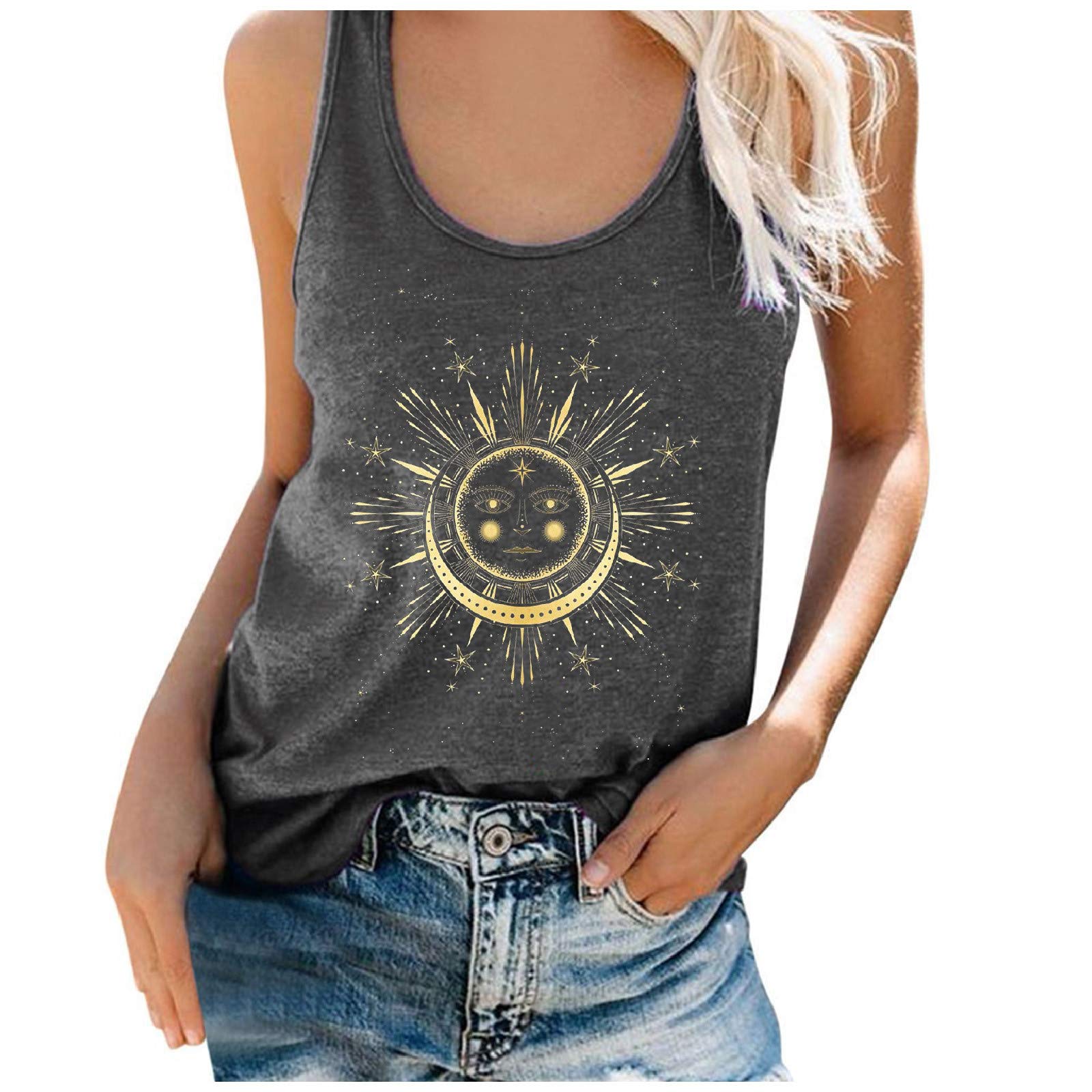 Plus Size Women's Sun Moon Print Tank Top - Beach & Summer Casual Wear