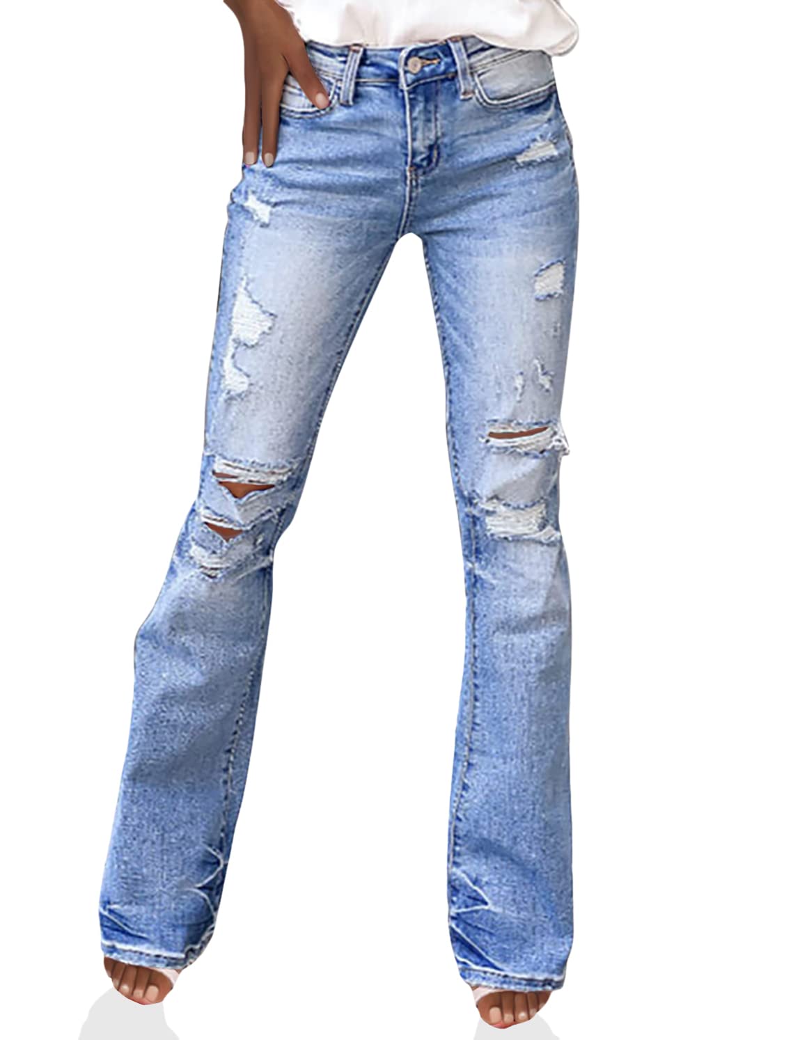 Dokotoo Women's High Waisted Ripped Flare Jeans - Vintage Distressed Denim Pants for Casual Outfits & Streetwear Fashion
