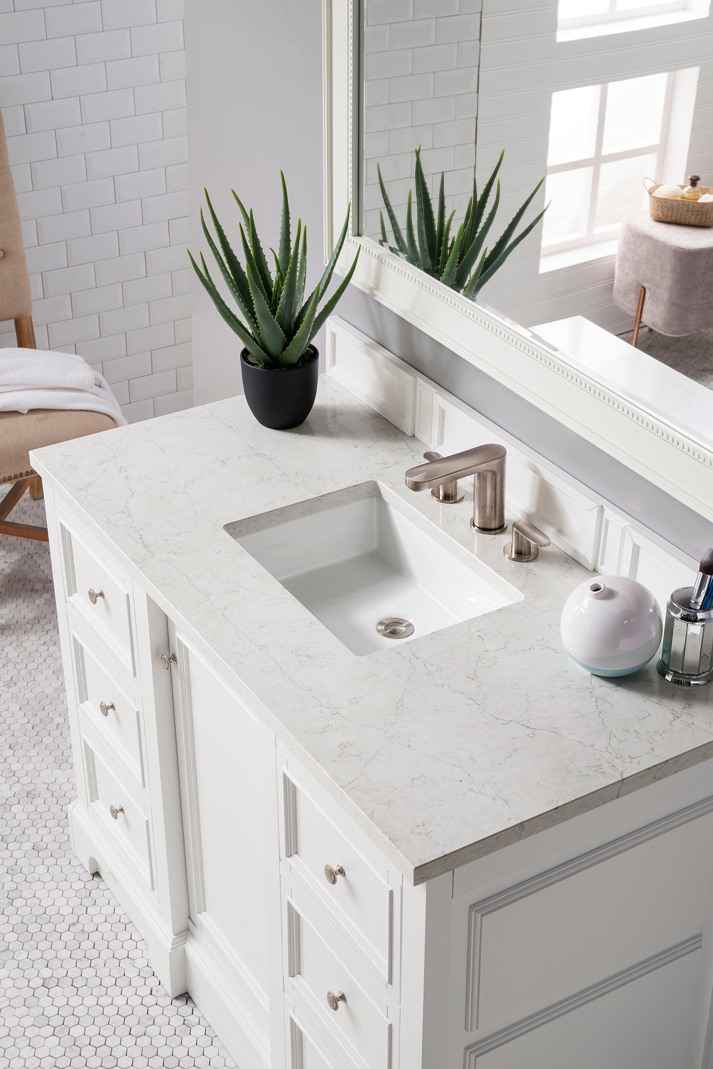 De Soto 48 Inch Single Bathroom Vanity with 3CM Eternal Jasmine Pearl Quartz Top - Bright White Finish for Modern Bathrooms | Perfect for Home Renovation & Spa-Like Retreats