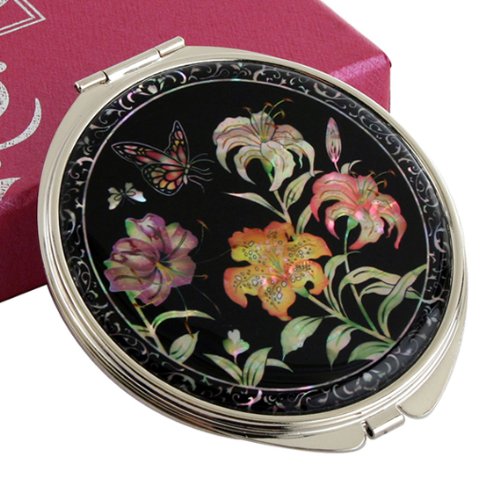 Pearlized Double-Sided 2X/1X Magnifying Compact Mirror - Portable Travel Makeup Mirror with Metal Case, Perfect for Purse & Cosmetic Bag - Ideal Gift for Women, Mom, Brides (Trumpet Lily Design) - Great for Travel, Home Vanity & Touch-Ups
