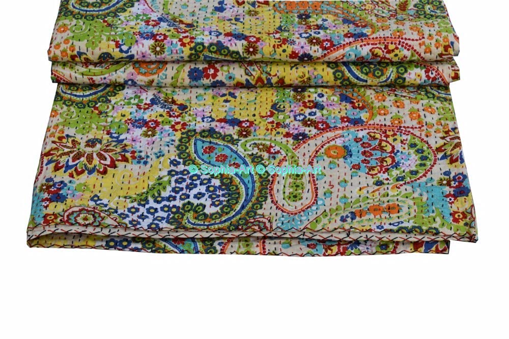 Sophia-Art Handmade Indian Kantha Cotton Quilt - Paisley Print Bohemian Bedspread, Sofa Cover & Throw Blanket for Bedroom, Living Room & Outdoor Use