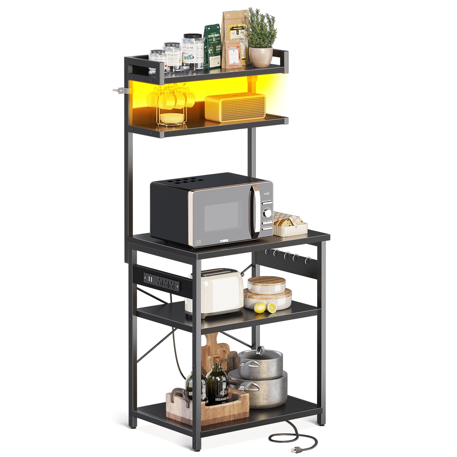 ODK 5-Tier Bakers Rack with Power Outlet & Storage - 16.5x23.6x59 Inch Kitchen Shelf, Microwave Stand, Coffee Bar Organizer - Perfect for Small Kitchens, Dining Rooms & Home Cafes (Black)