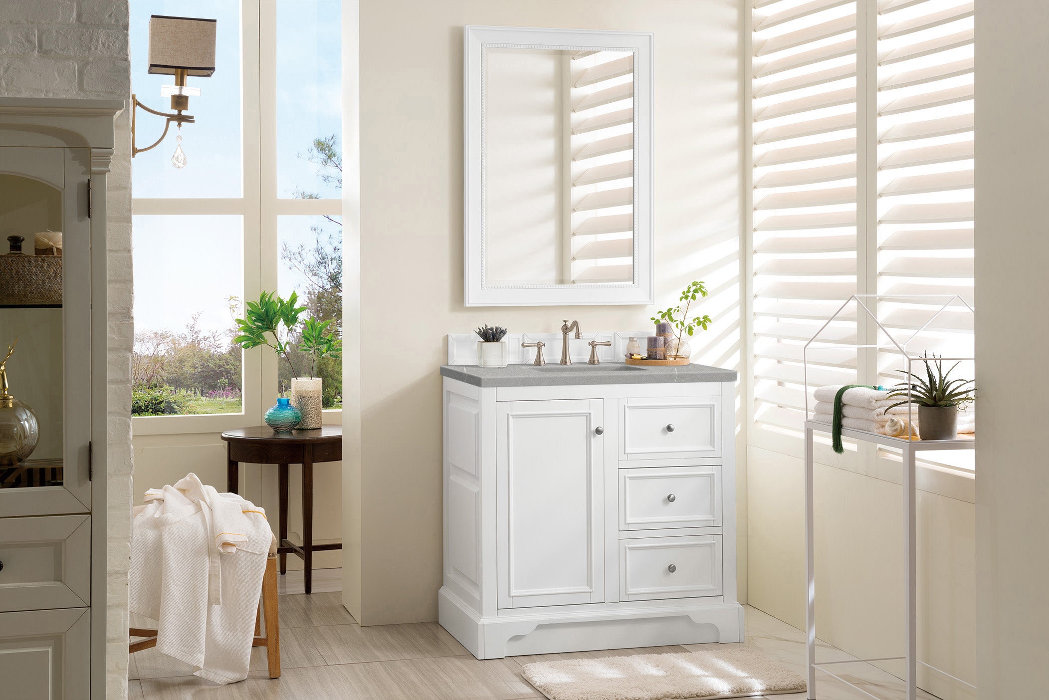 De Soto 36 Inch Single Bathroom Vanity Set with 3CM Eternal Serena Quartz Top in Bright White - Perfect for Modern Bathroom Renovations and Small Space Designs
