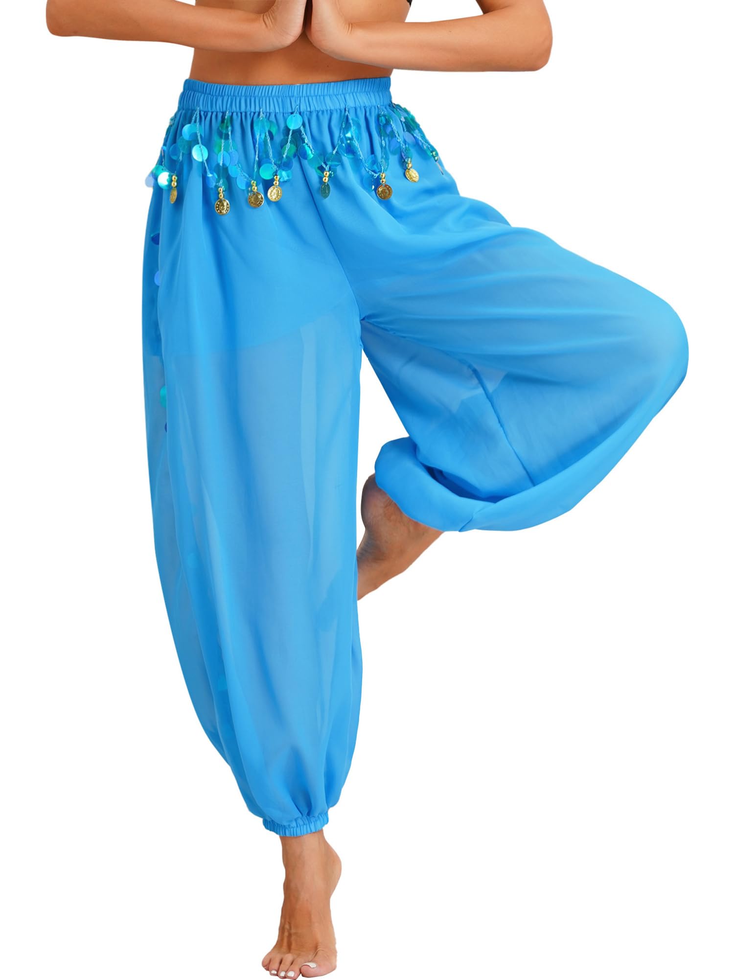 JEYPINMI Women's Belly Dance Bloomers with Coins - Lantern Pants for Indian Dance Costume, Perfect for Performances, Yoga, and Festivals