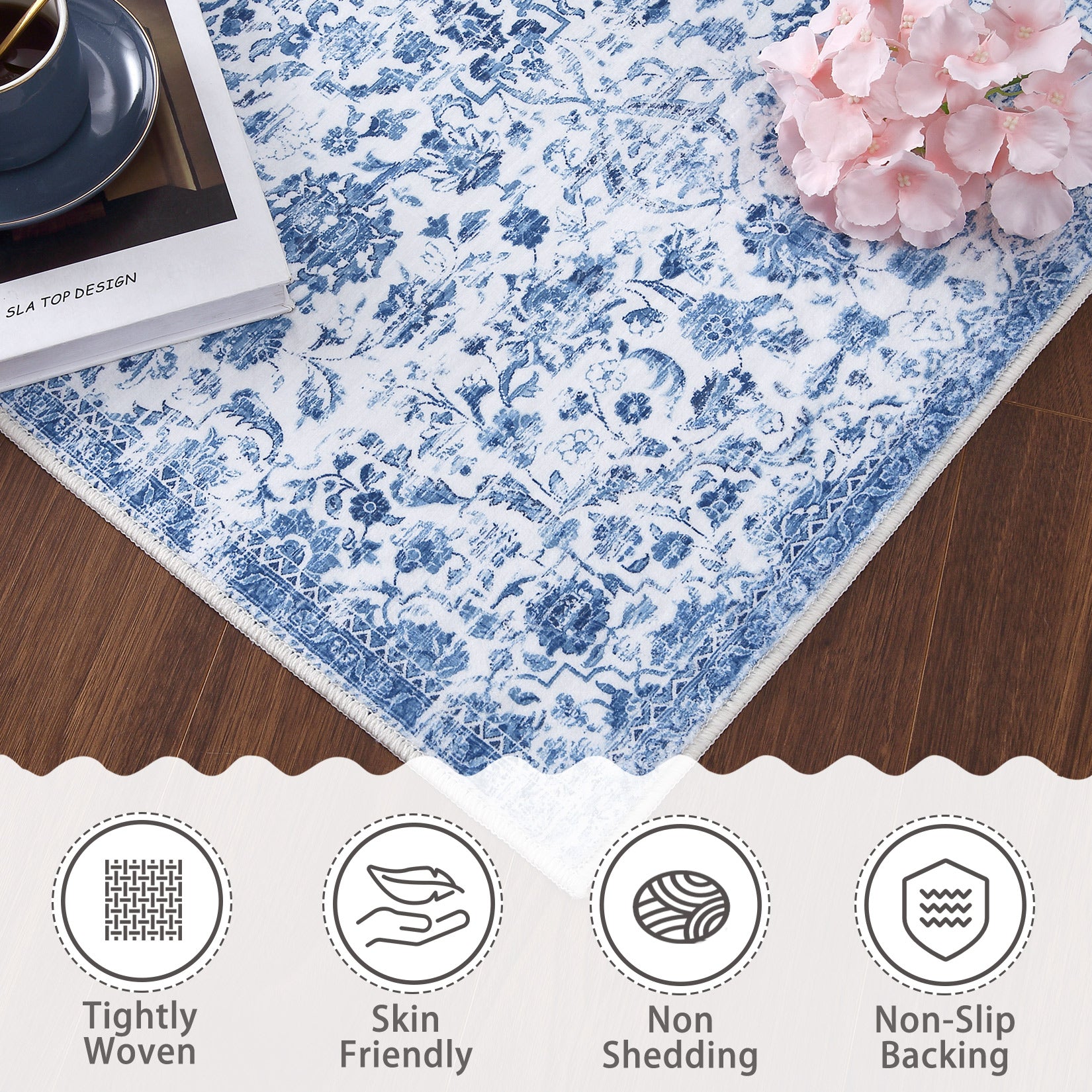 GARVEE 2x3 Feet Non-Slip Washable Entry Rug - Boho Floral Design Indoor/Outdoor Doormat for Bedroom, Bathroom, Living Room - Stain Resistant & Machine Washable - Perfect for High Traffic Areas (Blue)