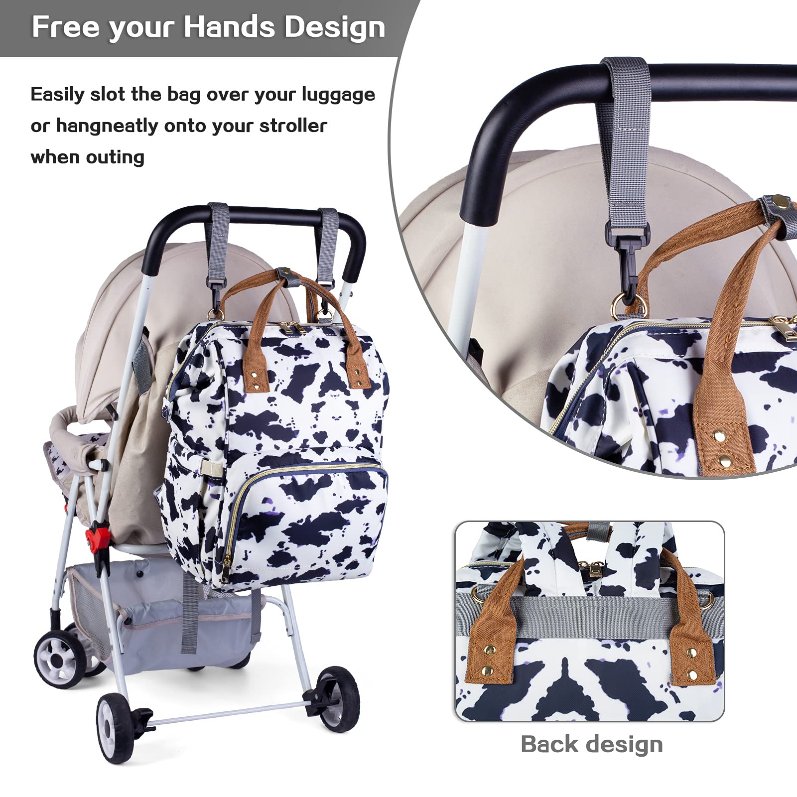 Waterproof Diaper Bag Backpack for Women - Large Baby Care Travel Bag with Multiple Pockets, Nappy Changing Organizer (Cow Print) - Perfect for Daycare, Travel & On-the-Go Parenting