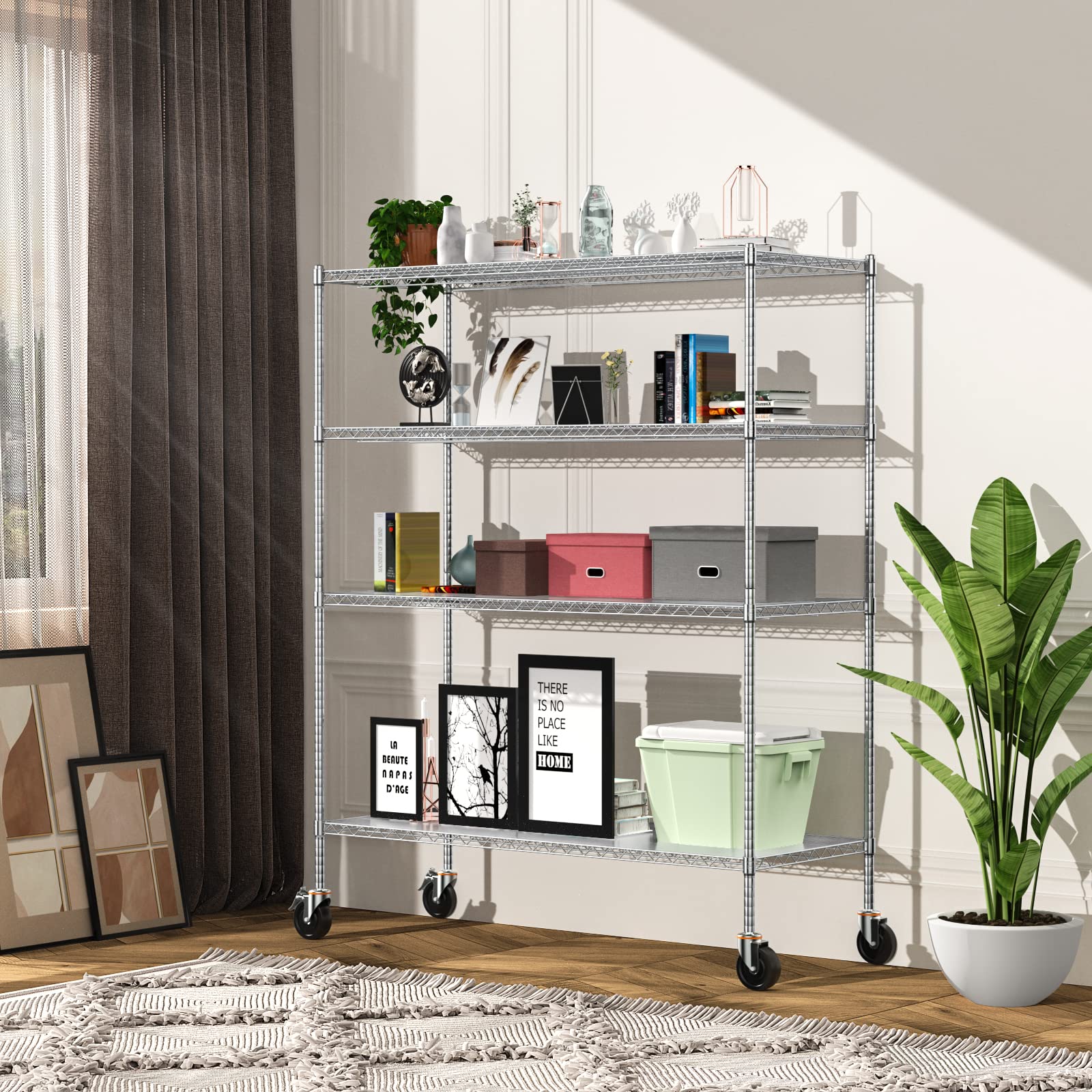 Heavy Duty 60x24x72 Inch Wire Shelving with Wheels - 2000 Lbs Capacity Adjustable Metal Storage Rack, 4-Tier NSF-Certified Commercial Utility Shelf with Shelf Liners - Perfect for Warehouse, Garage, Pantry & Retail Store Organization