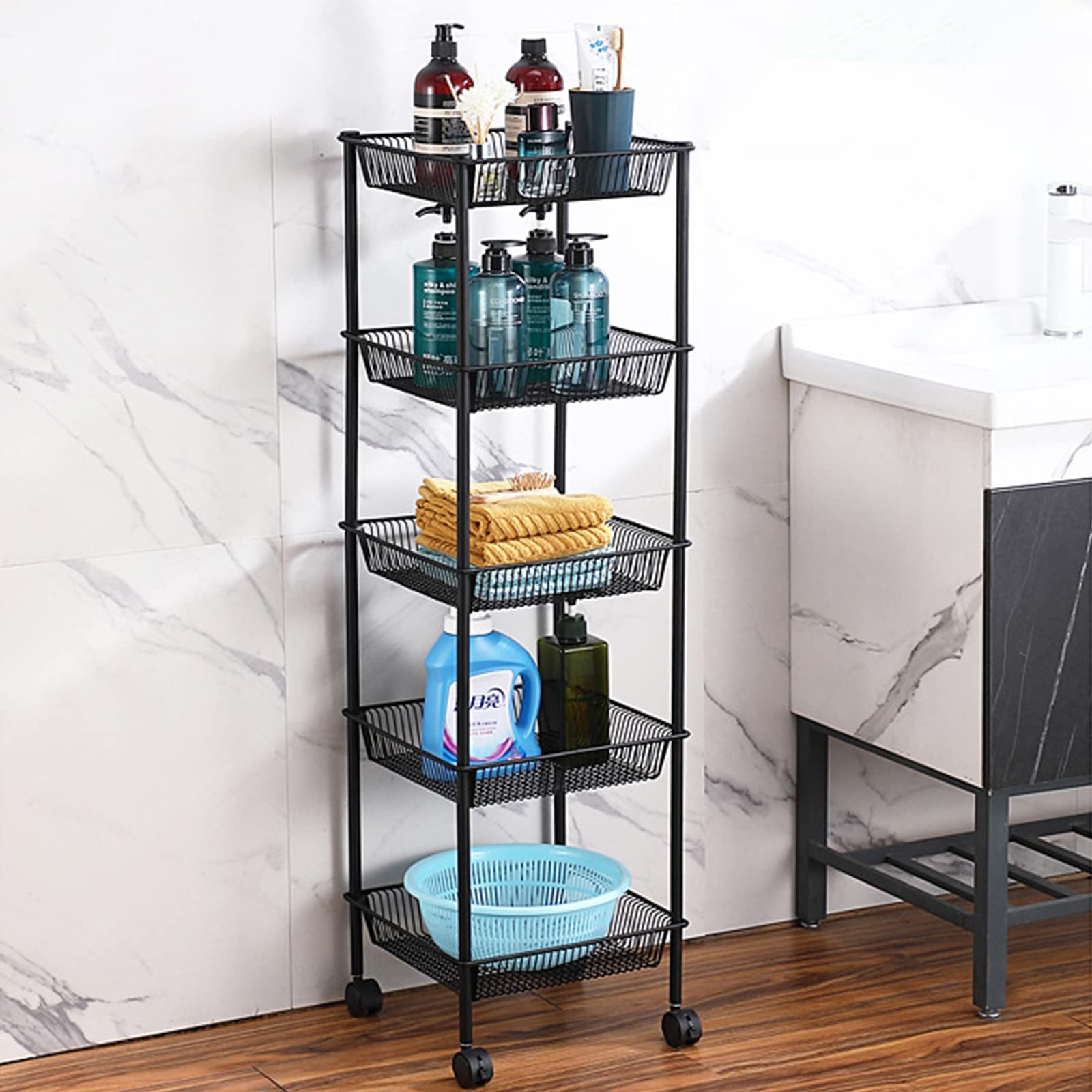 5-Tier Rolling Kitchen Cart - Freestanding Metal Storage Shelf for Fruits, Vegetables & Home Organization with Lockable Wheels (12.6