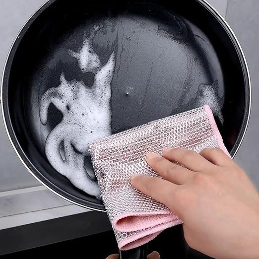 Non-Scratch Dual-Sided Dishwashing Cloths - Reusable Microfiber & Wire Cleaning Rags for Wet/Dry Use | Easy Rinse Kitchen Towels for Pots, Pans, Sinks | Durable Multi-Purpose Cleaning Cloths (6-Pack) - Perfect for Daily Dishwashing, Counter Cleaning & Stainless Steel Care