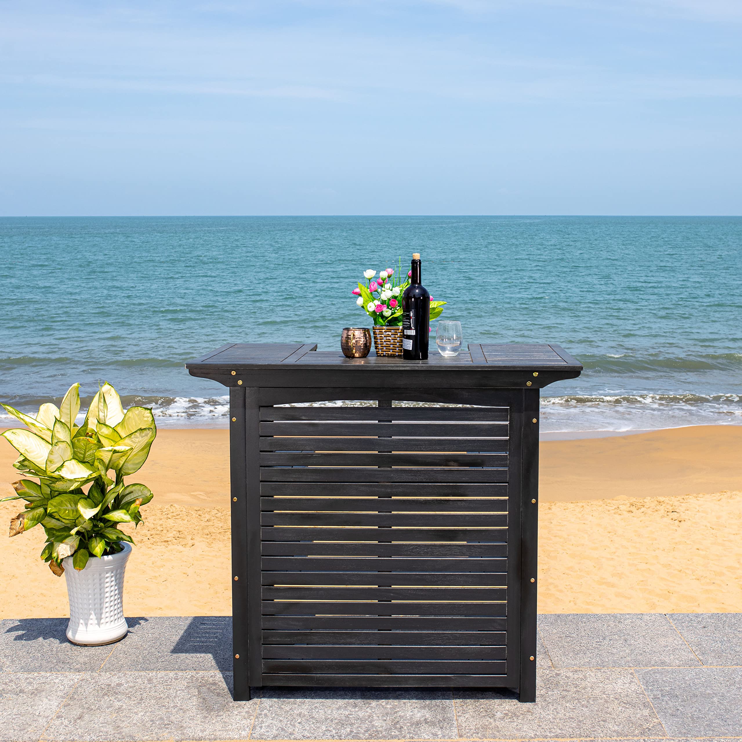 SAFAVIEH Monterey 42-inch Black Acacia Wood Outdoor Bar Table - Weather-Resistant Patio Dining & Poolside Entertaining Furniture
