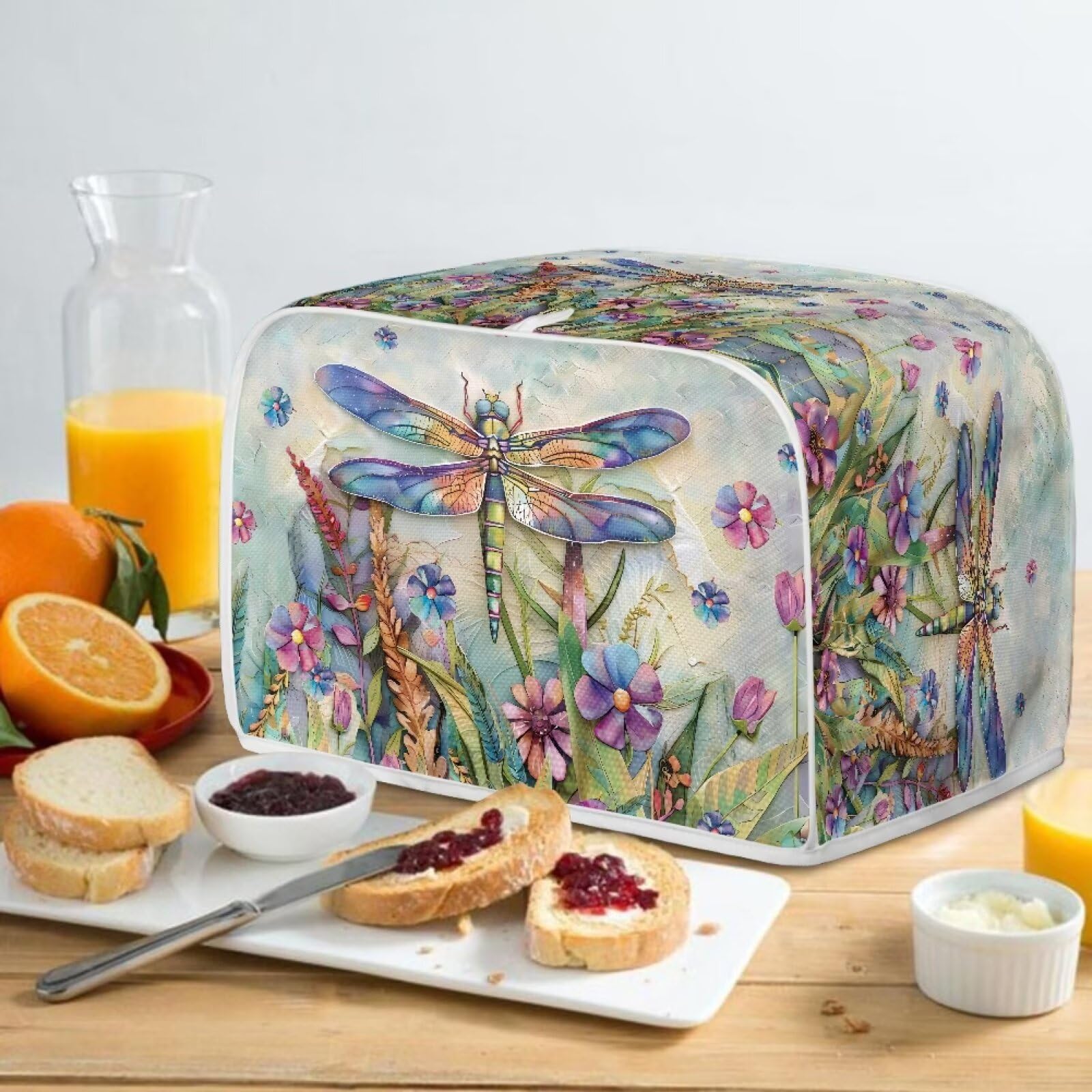 Dragonfly Daisy Print 4-Slice Toaster Cover - Dust Protection Washable Kitchen Appliance Cover with Handle for Bread Maker & Toaster Oven - Perfect for Kitchen Countertop Organization & Small Appliance Protection