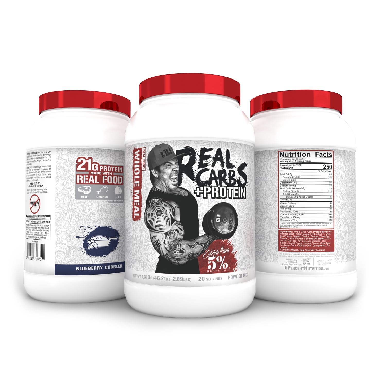 5% Nutrition Rich Piana Real Carbs + Protein Powder - 2.89lb Clean Mass Gainer with Real Food Carbohydrates for Muscle Growth | Pre Workout & Post-Workout Recovery Shake | Blueberry Cobbler Flavor | Ideal for Gym, Bodybuilding & Fitness Enthusiasts